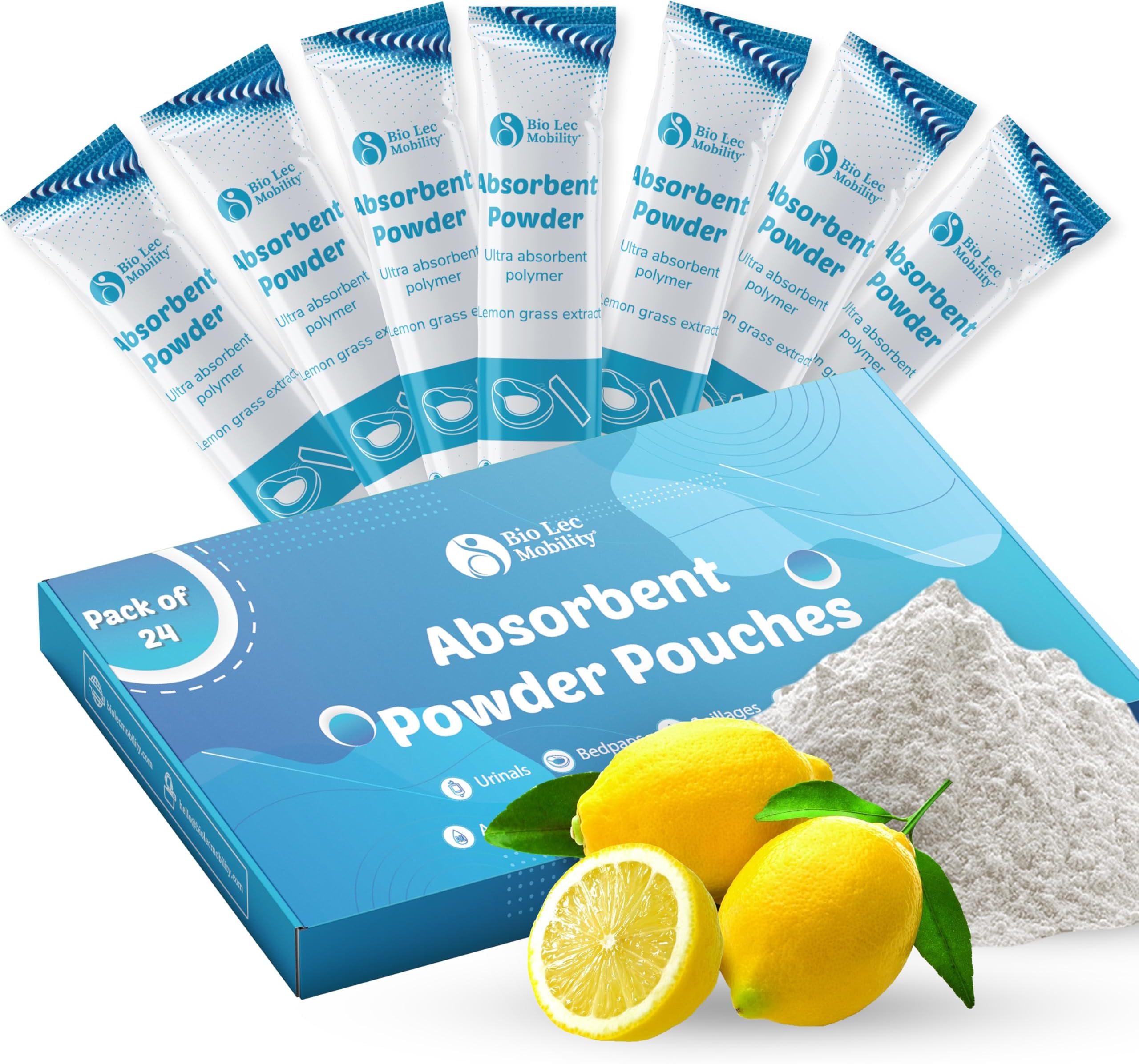 Ultra Absorbent Powder Pouches | Swift Absorption for Urinal Bottles, Bedpans, Commode Buckets and Sharps Containers, Vomit Bowls & Spill Clean Up | Lemon Scented 24pcs