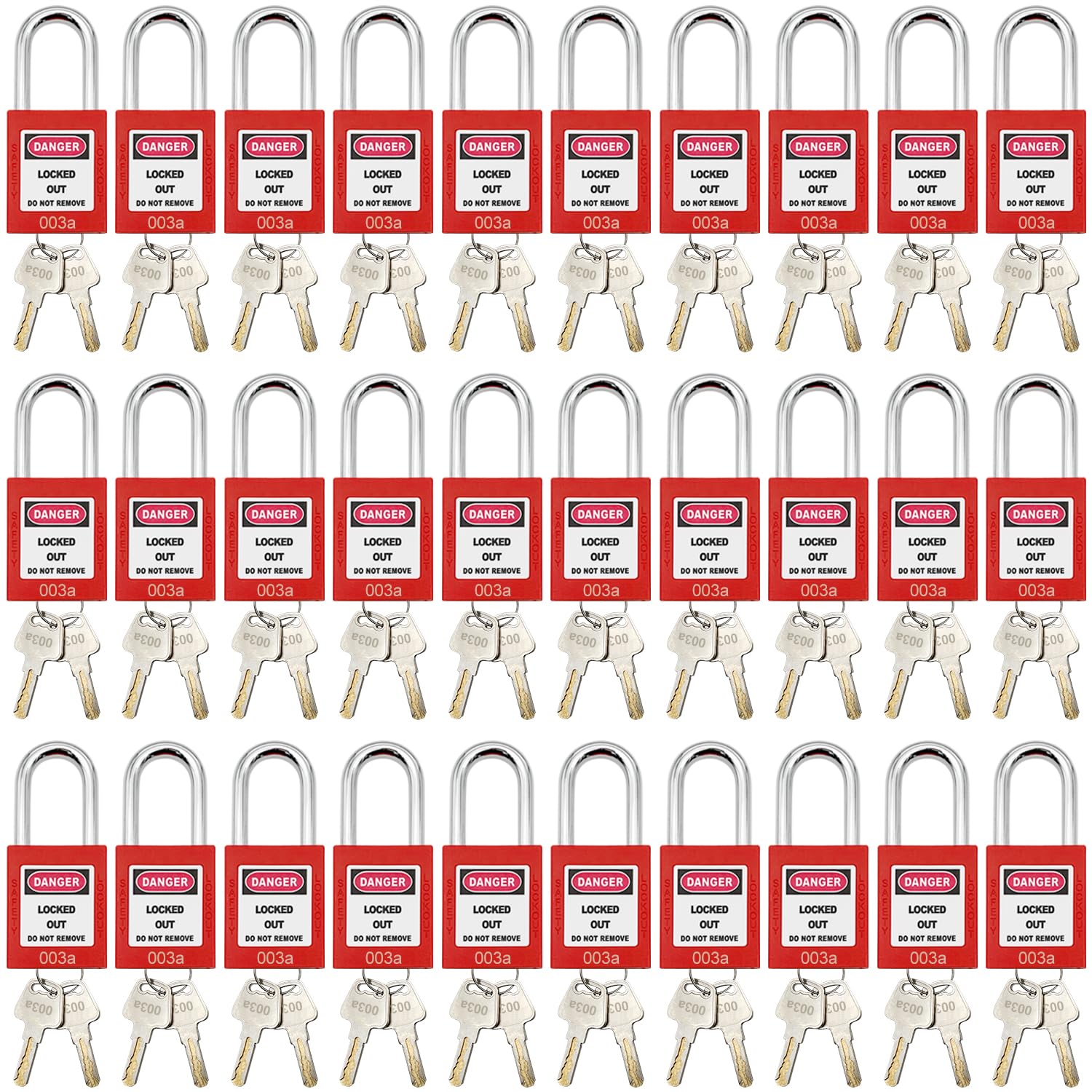 SAFBY 30 candados de bloqueo con llave igual OSHA Loto para bloquear estaciones y dispositivos, color rojo (30 unidades)