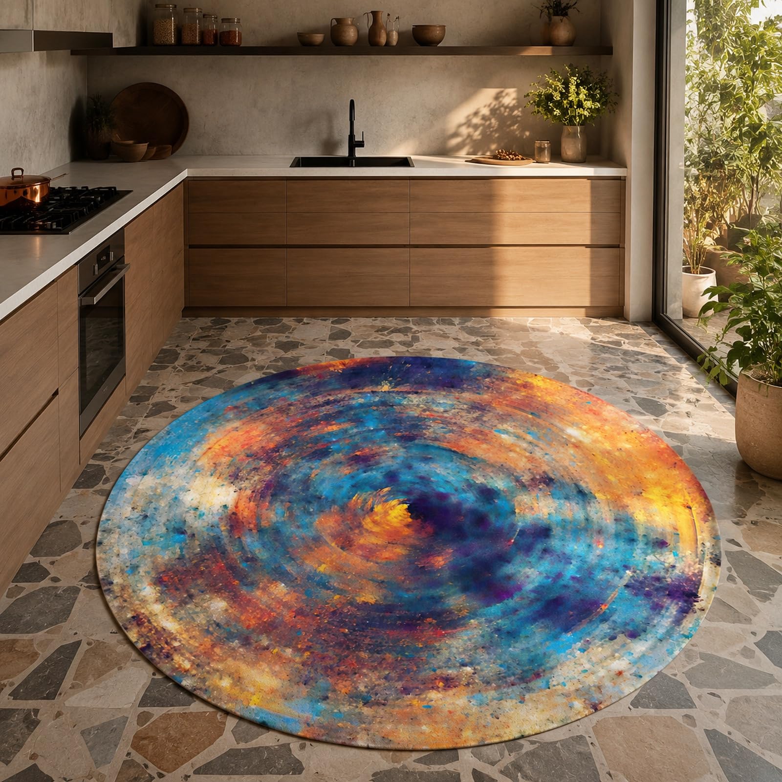 Tappeto Rotondo,Astratto Blu, Arancione, Giallo, Viola, 150 cm (personalizzato),Decorazioni Casa Soggiorno, Camera da Letto,