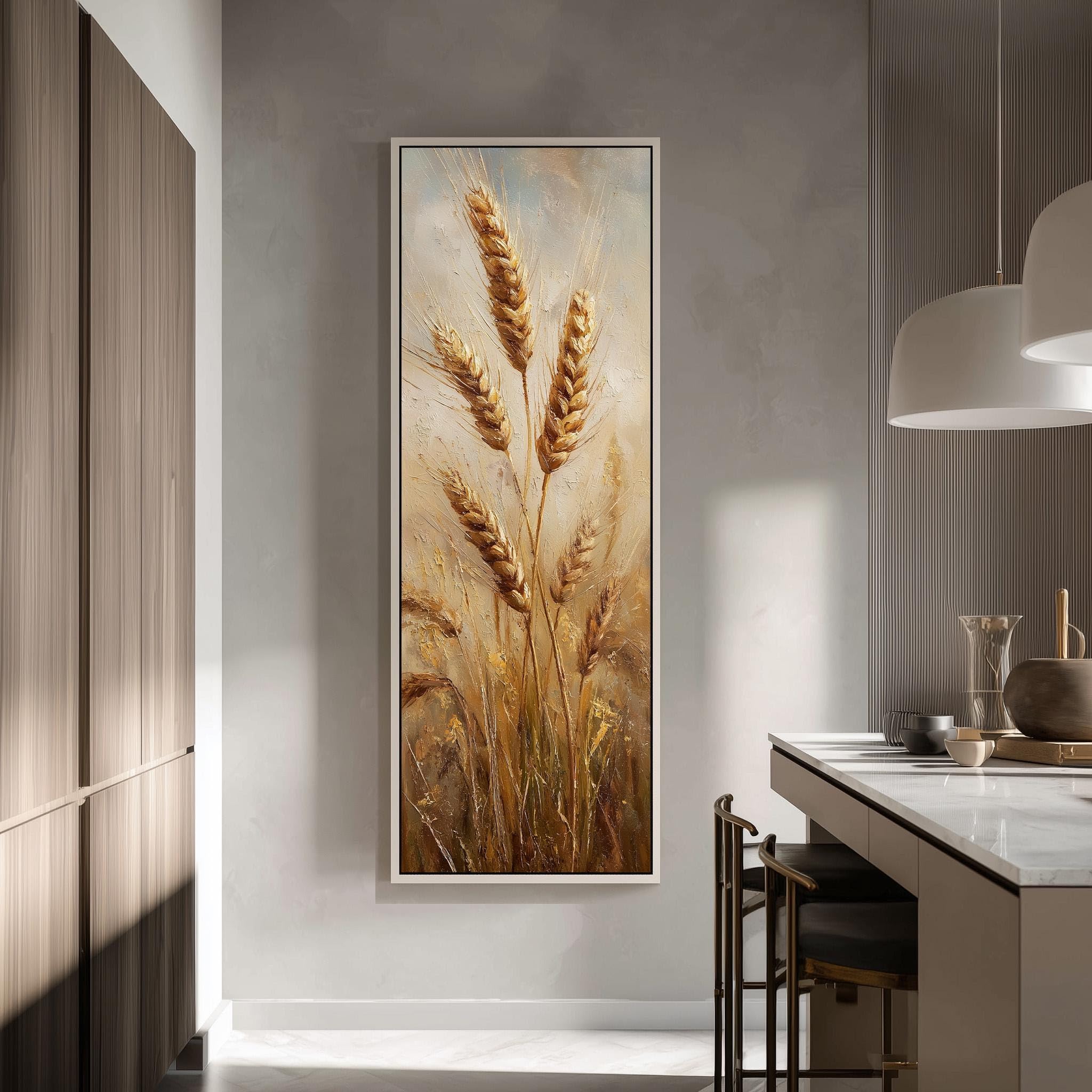 Stampa artistica di spighe di grano dorate, tela verticale alta, dipinto di grano mietuto, decorazione neutra in stile rustico, decorazione per la parete della cucina (45x135 cm/cornice interna)