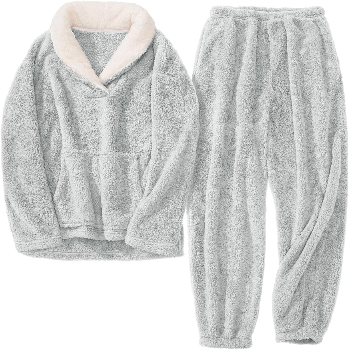 HEEKEPK Womens Fluffy Pajamas Set Fleece Fuzzy Winter Warm Pj Sets Pullover Pants Plush 2 Piece Loungewear Sleepwear Pockets