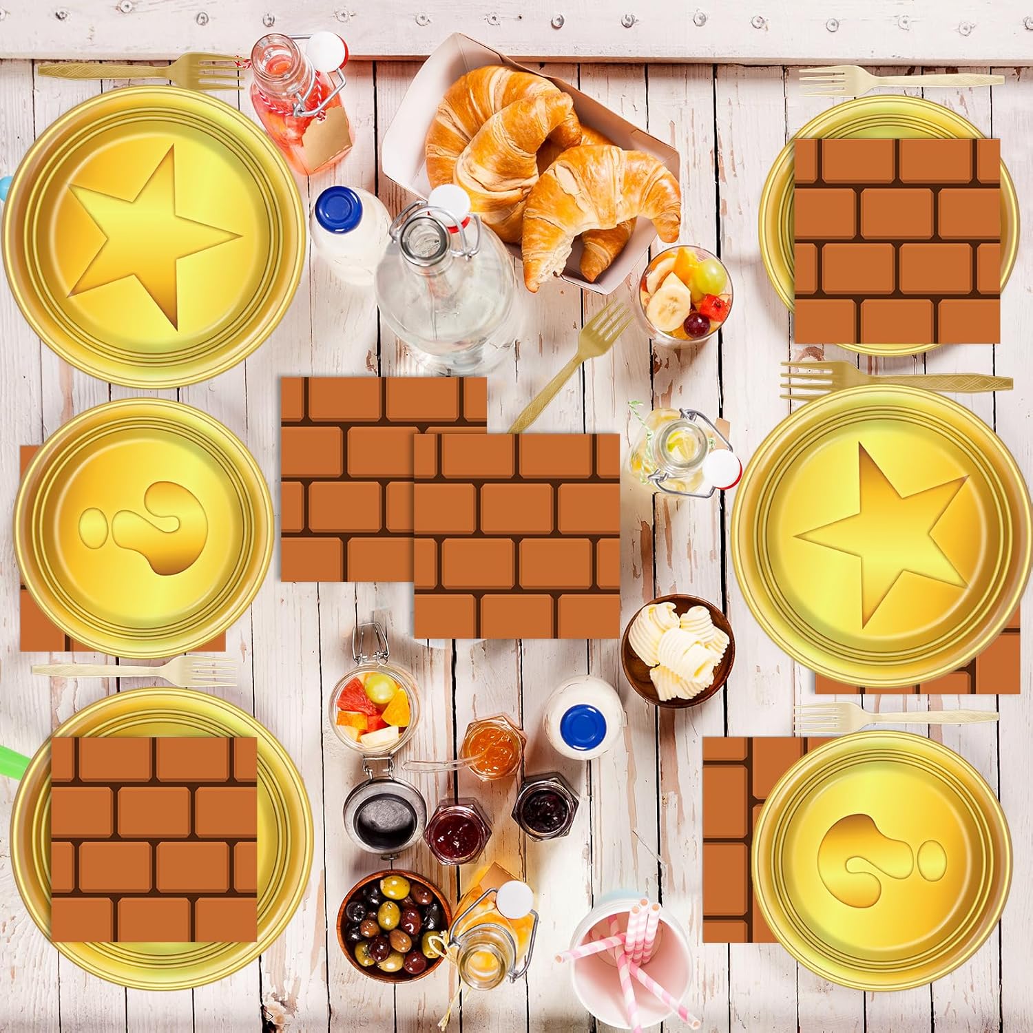 96Pcs Super Cartoon Brother Paper Plates and Napkins Video Game Theme Birthday Party Supplies Super Theme Brother Disposable Tableware Set for Gaming Birthday Baby Shower Party Decoration Serve 24