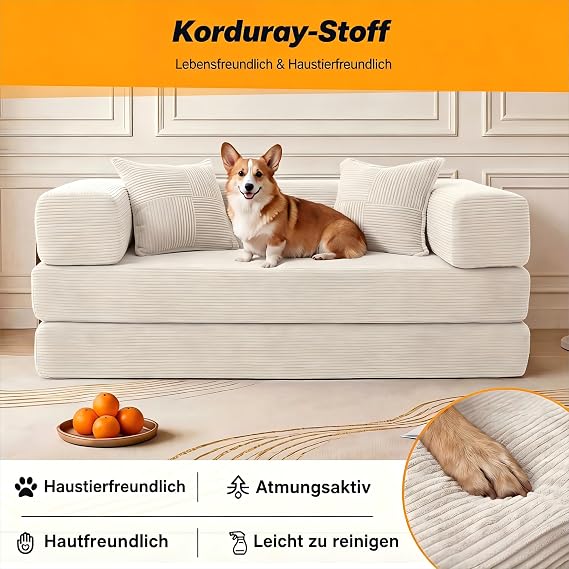 Vipbear Premium 5-in-1 Versatile Frameless Sofa 160 cm Ergonomically Convertible 3 Seater with Memory Foam Fold-Out Sofa Bed for Living Room
