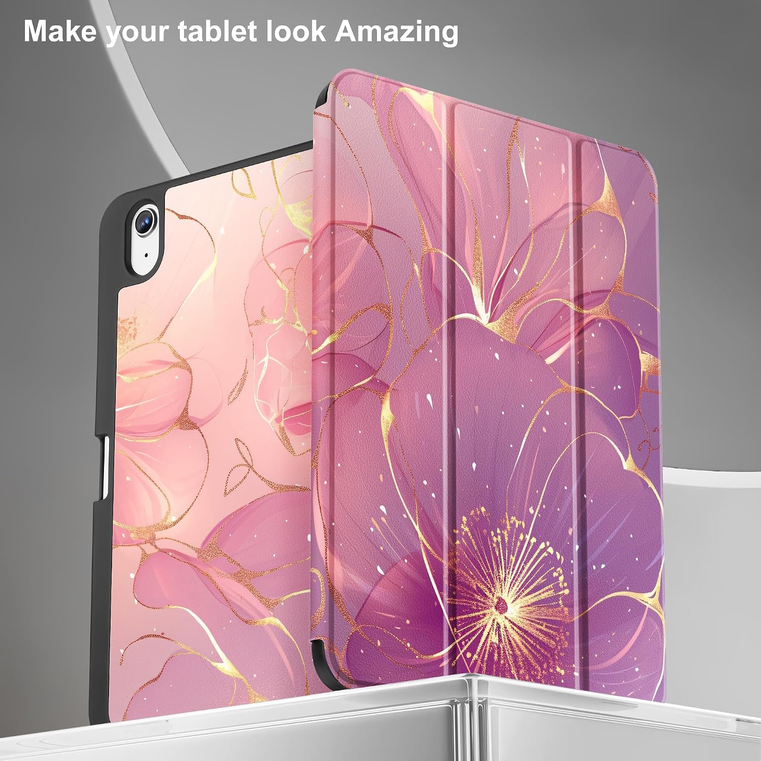 May Chen for iPad Air 13 Inch Case M4/M3/M2 (2026/2025/2024), Tablet Cases Trifold Stand + Pencil Holder + Auto Wake/Sleep + Soft TPU Protective Stand Back Cover, Abstract Pink Flowers