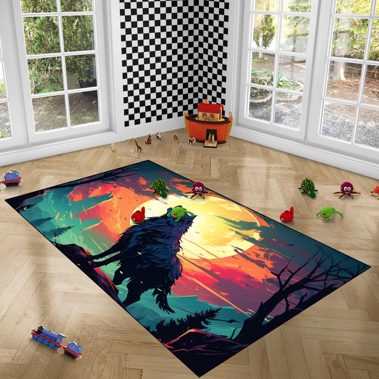 Wolf Area Rug for Boys - 35" L x 23" W Wolf Rugs for Bedroom Wild Animals Prints Area Rugs, 2'×3'