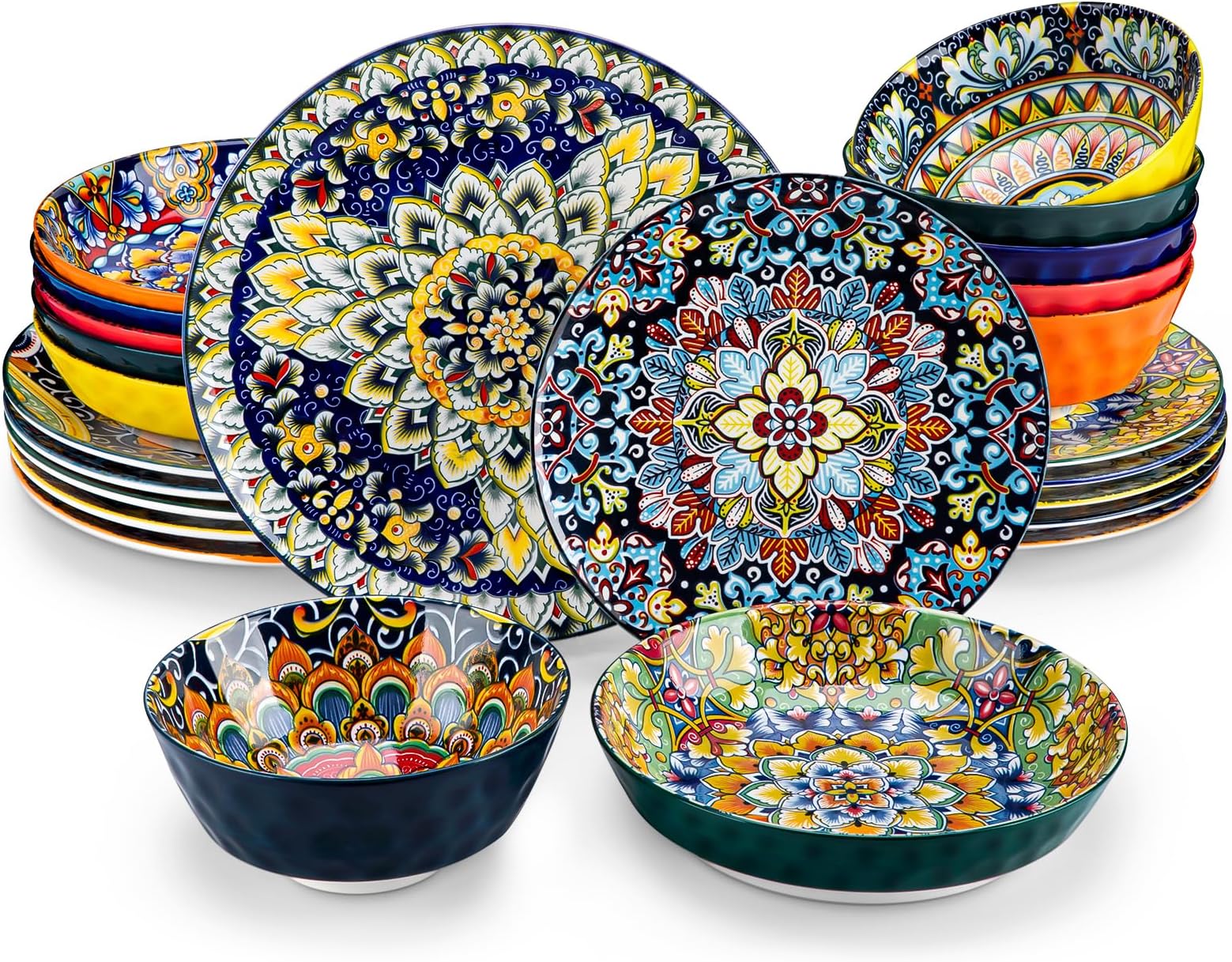 vancassoDinner Sets for 6 People, Simi Dinnerware Dish Set Artisanal Pieces with 10.5in Dinner Plate, 8.5in Dessert Plate, 780ml Pasta Bowl and 950ml Cereal Bowl, Boho Colourful Tableware