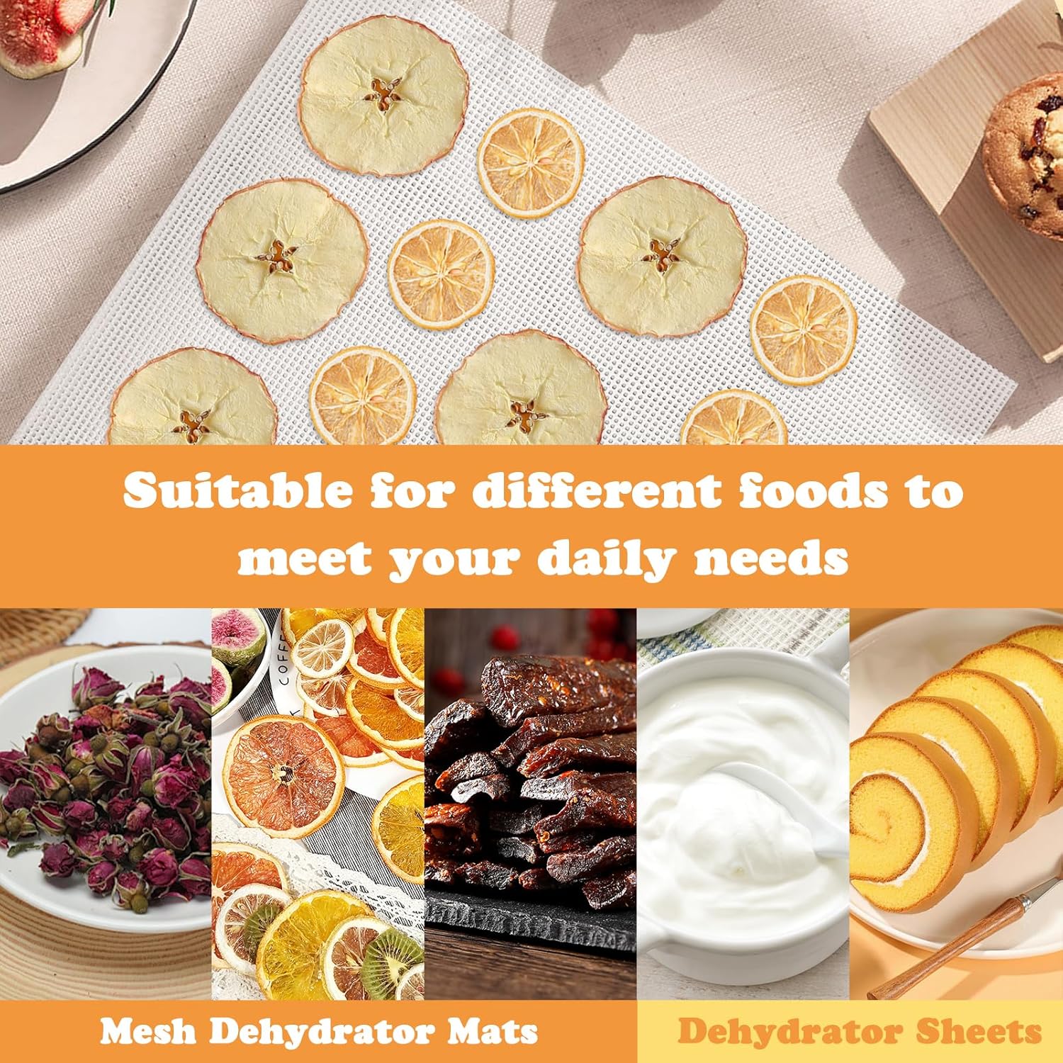 6 Silicone Dehydrator Mats and 6 Mesh Dehydrator Sheets, Reusable Non-stick Tray Liner with Edge, Silicone Mats for Liquids, Fruits Meat Vegetables Herbs(White)