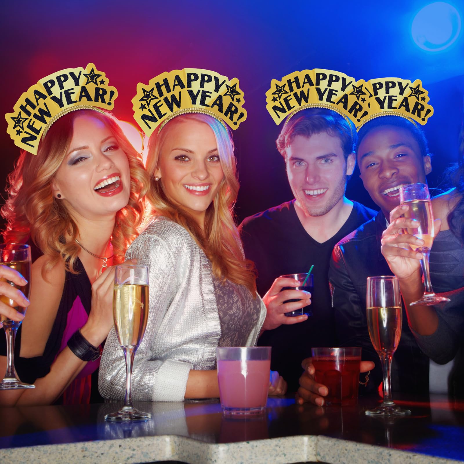 Lenwen 200 piezas de suministros para fiesta de Año Nuevo 2026, 50 diademas de feliz año nuevo, 150 bandas de ruido con flecos, doradas, plateadas, negras, recuerdos de fiesta, accesorios de cabina de