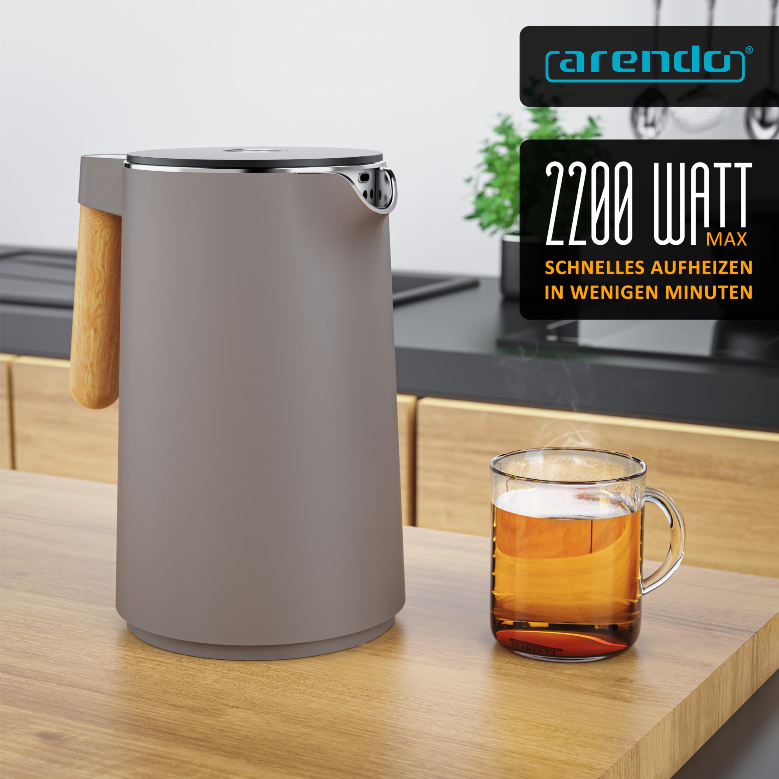 Arendo - Wasserkocher Edelstahl mit Temperatureinstellung - 45°C-100°C - 1.5 Liter - Doppelwand - BPA frei - Warmhaltefunktion - Teekocher mit Temperaturanzeige - Griff Cool Touch - Taupe