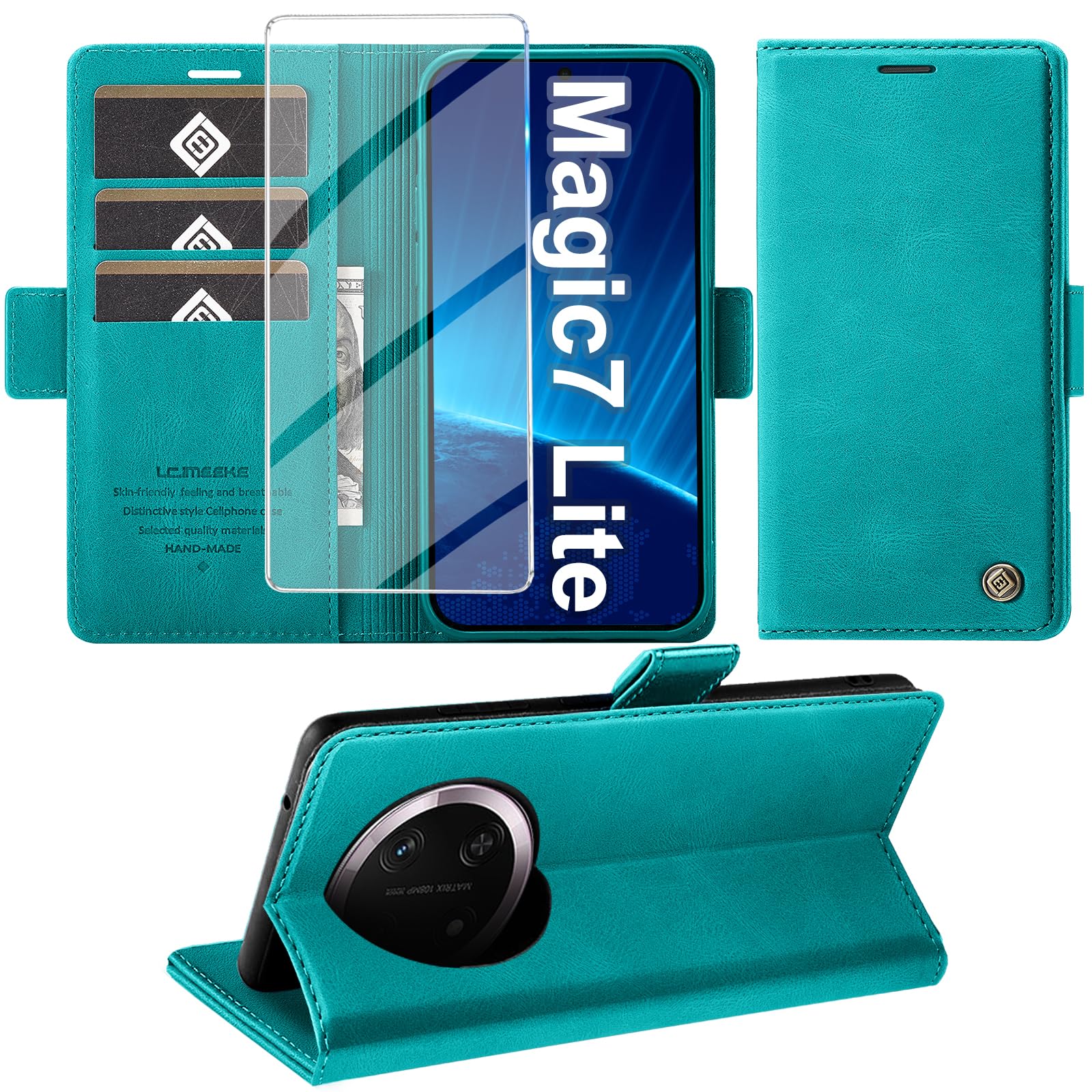 Cover per Honor Magic 7 Lite Custodia con Vetro Temperato, Premium Pelle PU Portafoglio Slot per Scheda RFID Antifurto Funzione Supporto Flip Case, Antiurto per Honor Magic 7 Lite 5G Cover (Cyan)