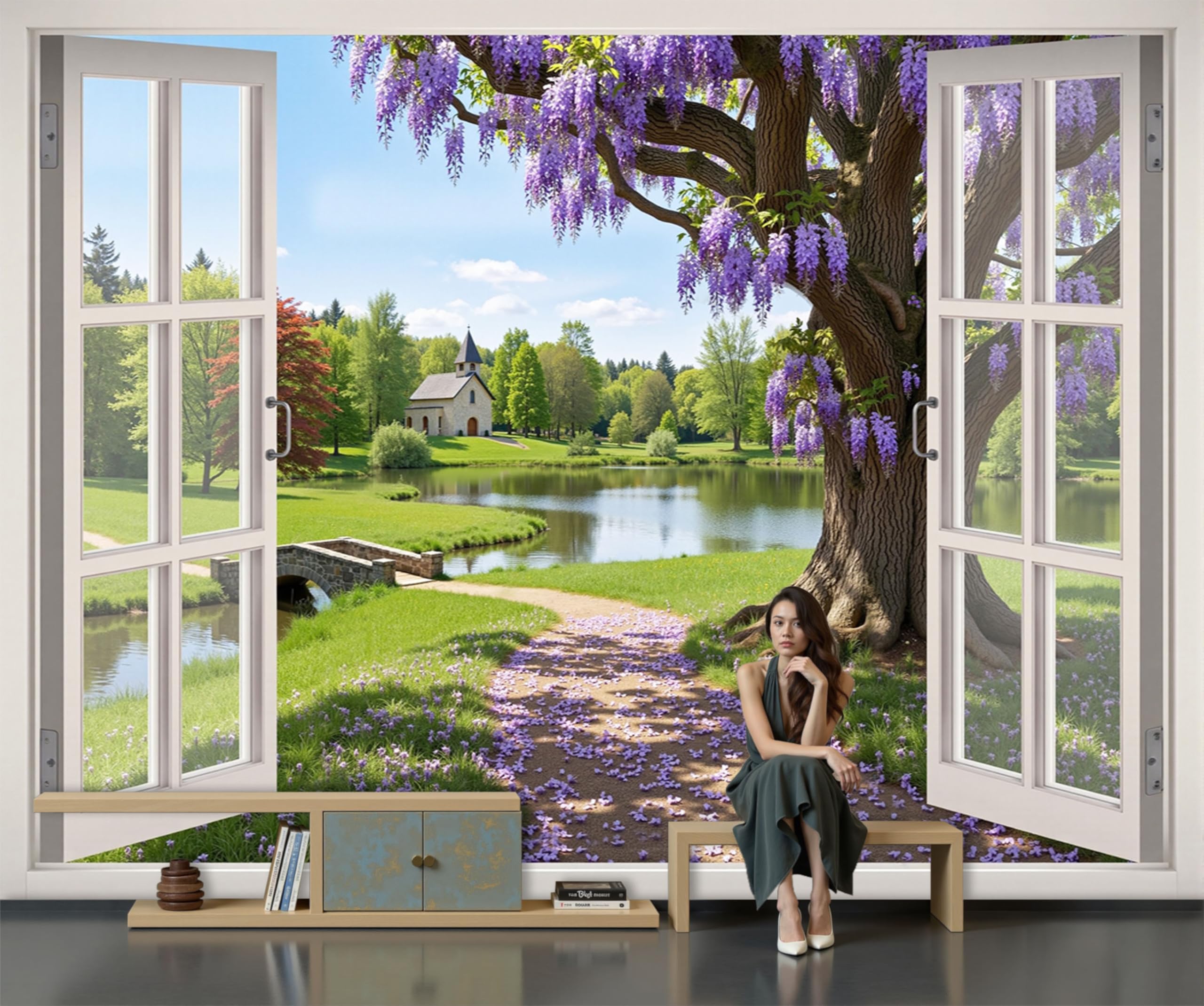 Papier peint panoramique agrandir pièce effet fenêtre 3D