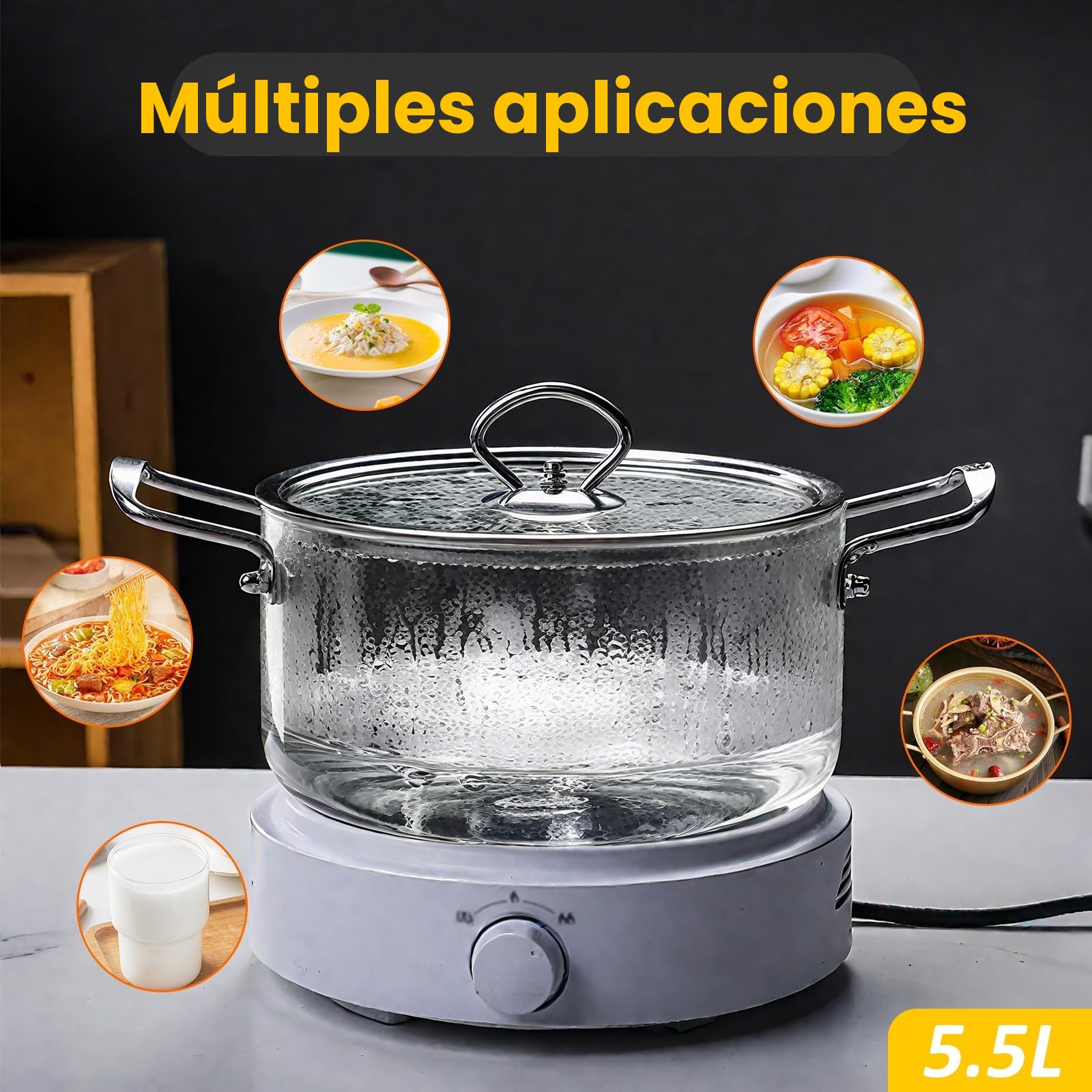 5.5L Olla de Cristal para Cocinar - Ollas de Vidrio Transparente con Tapa Resistente al Calor Utensilios de Cocina para a Fuego Lento con Asas de Acero Inoxidable para Pasta Fideos, Sopa, Leche