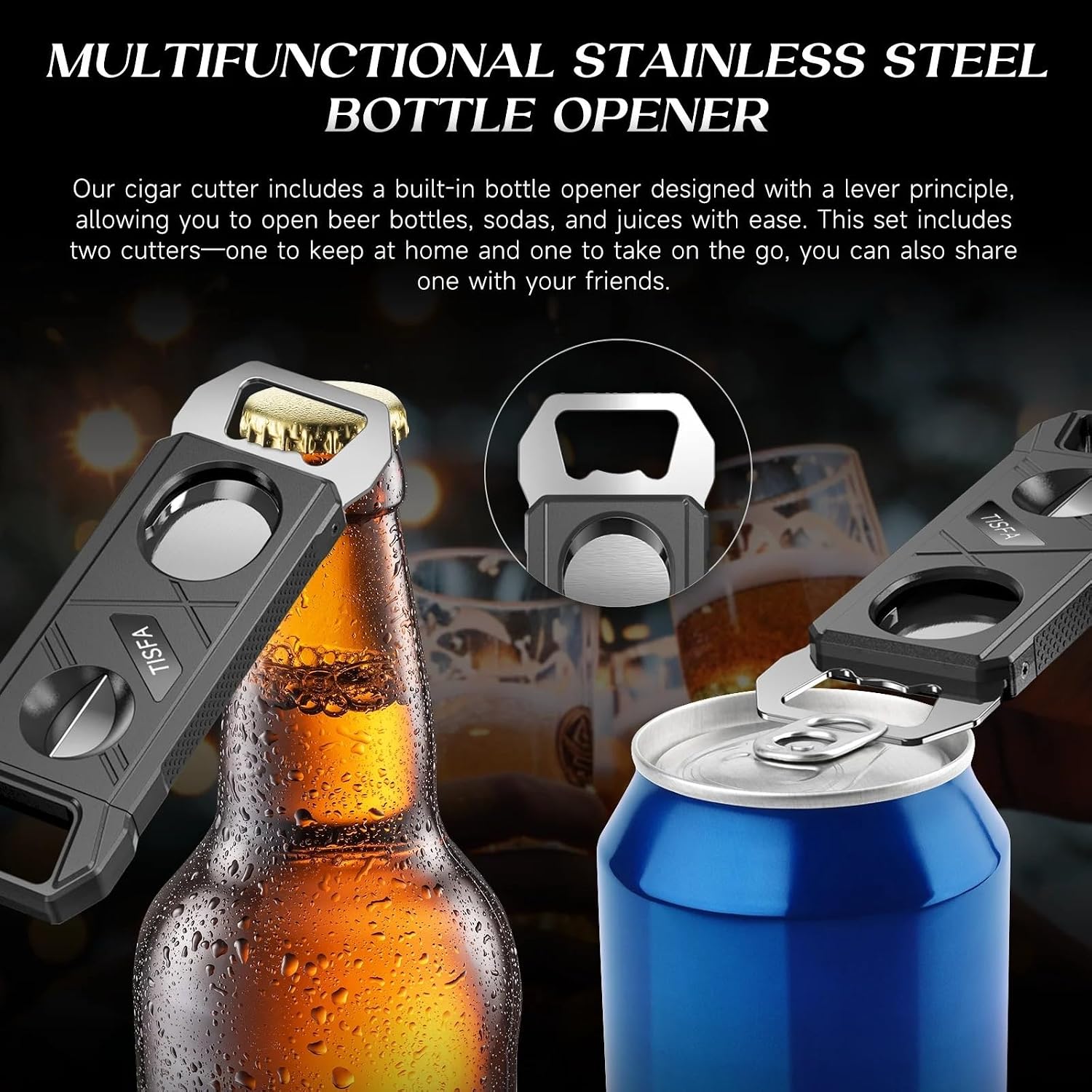3-in-1 Cigar Cutter and Bottle Opener Set, Precision V-Cut Guillotine, Portable Handheld Clipper with Integrated Tool