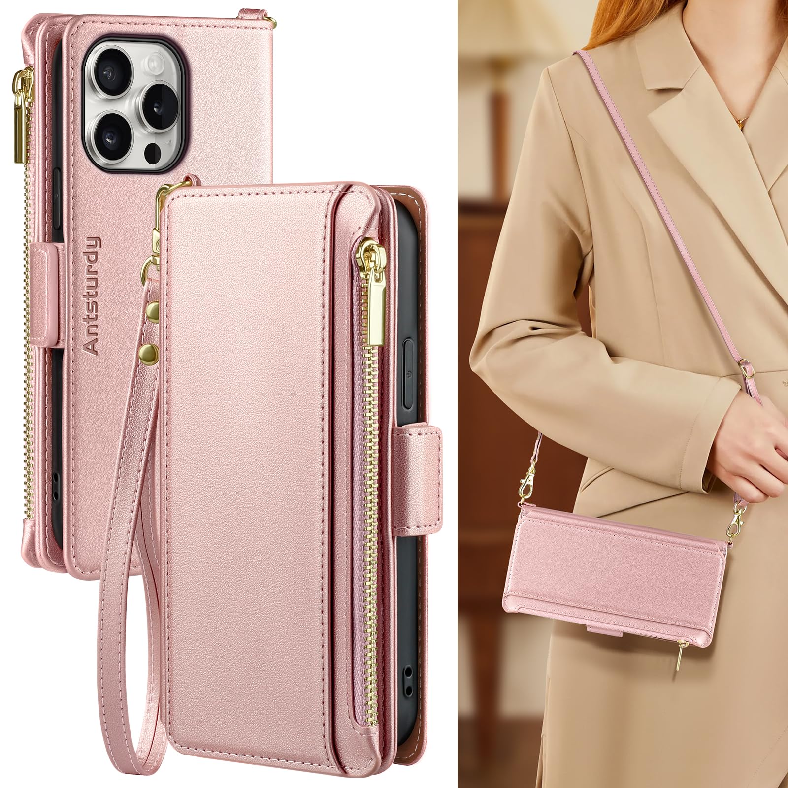 Antsturdy Crossbody Phone Wallet Case for iPhone 14 Pro,Rose Gold | RFID Blocking,PU Leather Flip Cover,Kickstand,with Credit Card Holder,Wrist Strap