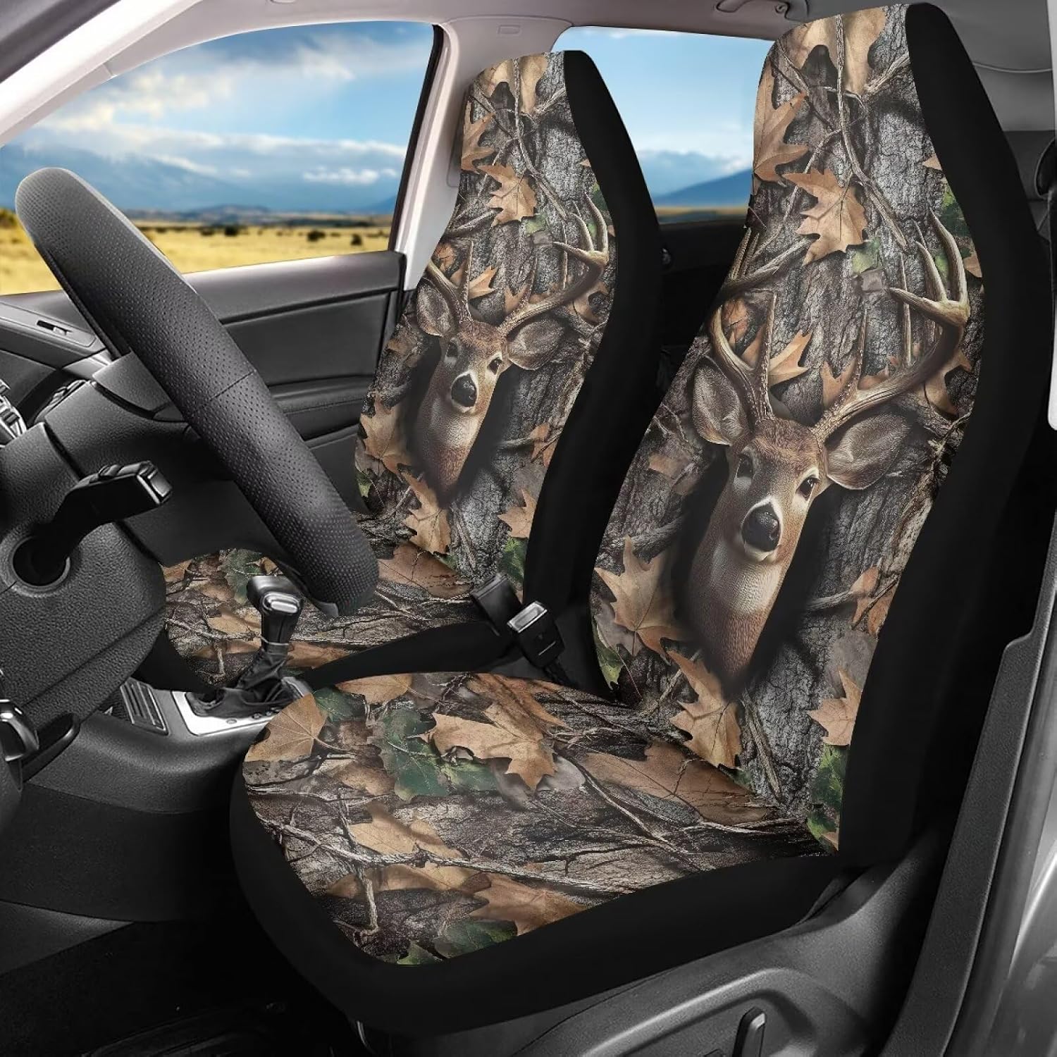 Xoenoiee Forest Camo Hunting Elk Print Universal 2pc Front Seat Covers for Car Bucket Seat Cover Automotive Seat Cover for Car, SUV & Truck