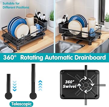 Dish Drainer Rack with Drip Tray, Kitchen Counter Sink Dishes Drainer with Drainage Spout, Stainless Steel Detachable Dish Drying Rack for Kitchen Counter Space-Saving