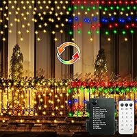 Vista 10 de Luces de cortina de hadas para jardín, luces de carámbano, 102 LED con batería para exteriores, con mando a distancia y temporizador, cable verde