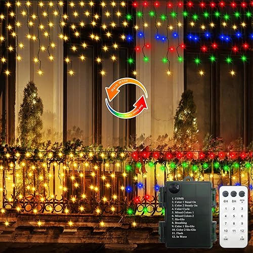 Luces de carámbano de Navidad para exteriores, 10 pies, batería que cambia de color, 102 luces LED con temporizador de 18 gotas, impermeable,