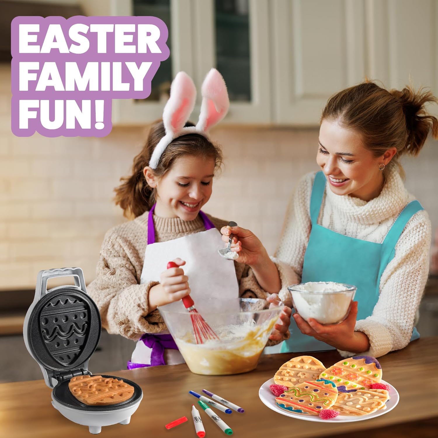 Mini Easter Egg Waffle Maker- Make Holiday Morning Breakfast Special - Includes 4 Edible Food Markers for Optional Extra Decorating Fun - Easter Bunny Basket Stuffer, Egg Hunt Surprise Gift for Kids