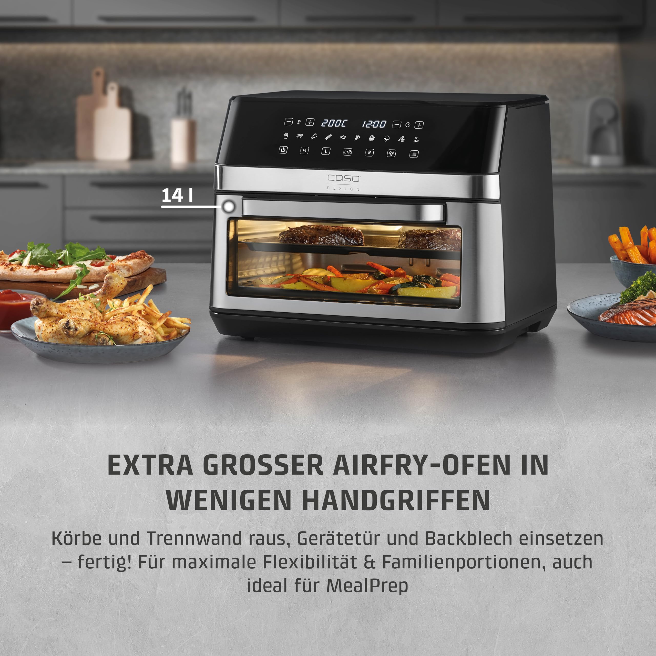 CASO AirFry DuoChef -Heißluftfritteuse mit 2 Kammern, 14L Volumen, nahezu fettfrei, 10 Programme, 50-200°C, Timer, LED-Anzeige, Sichtfenster, SHAKE-Reminder, spülmaschinengeeignet