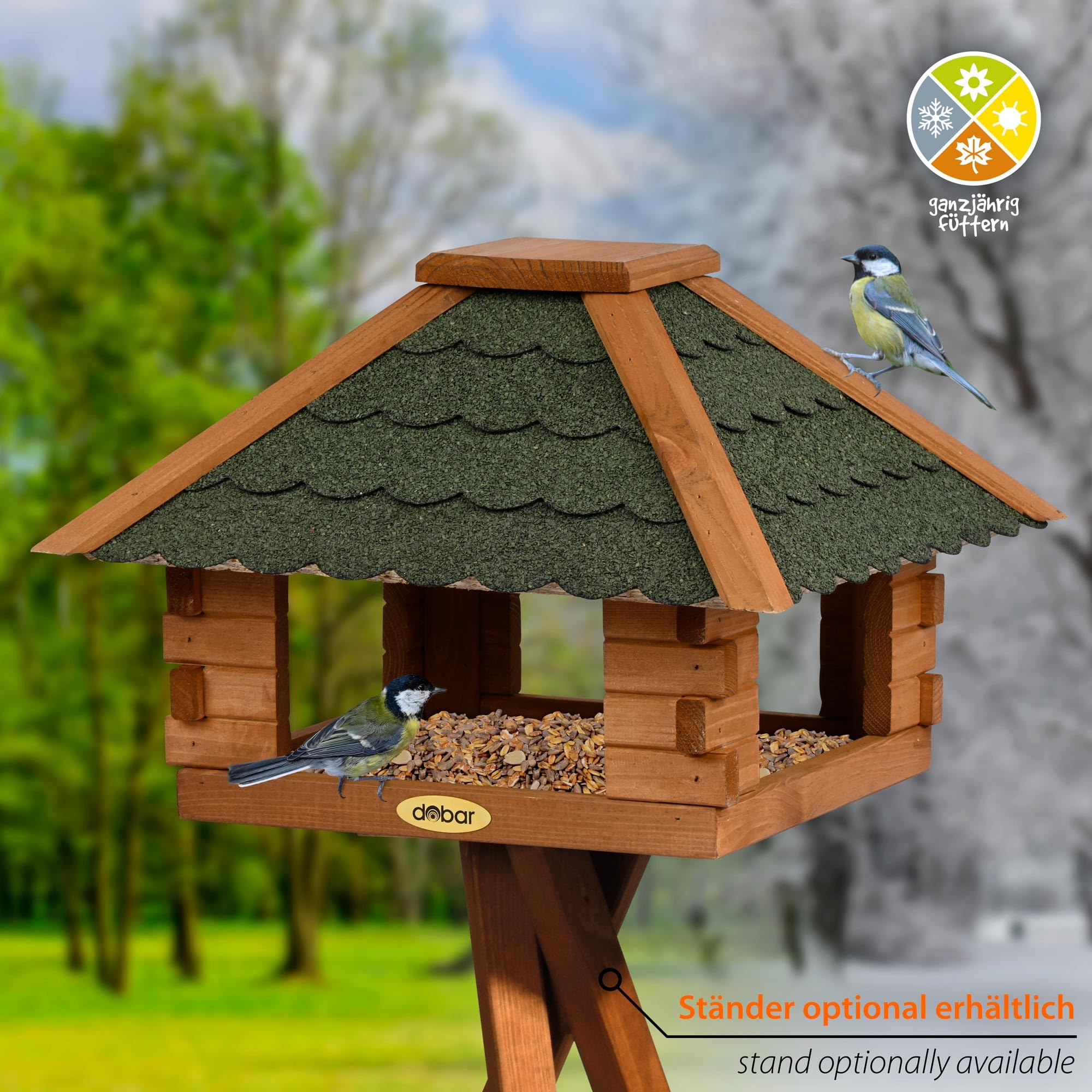 dobar® Vogelhaus Blockhaus 4-eckig mit Bitumendach - Vogelfutterhaus aus Holz wetterfest lasiert - Futterstation für Wildvögel stehend für Ständer - Grün