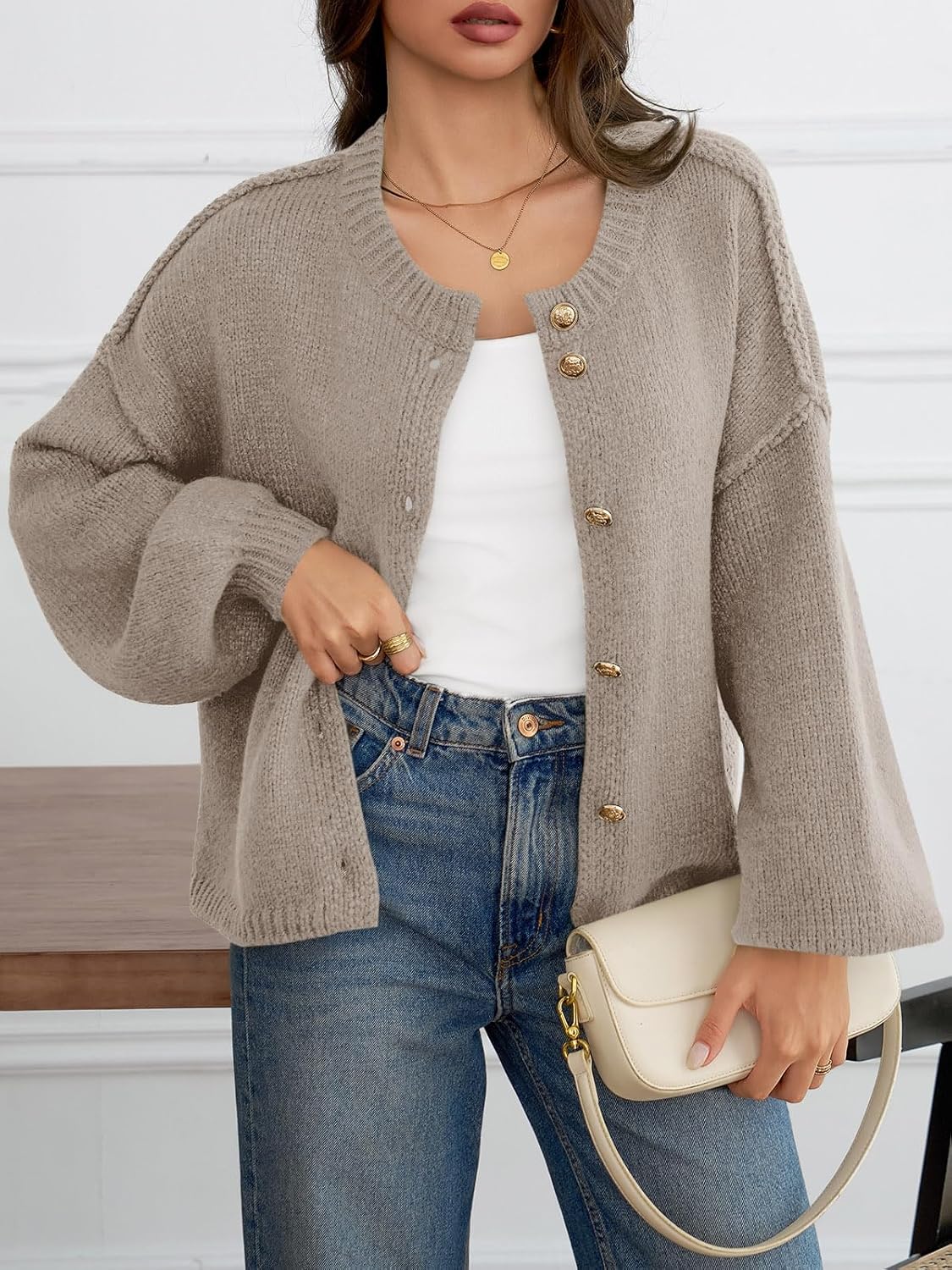 Saodimallsu Womens Oversized Cardigans Button Up Long Lantern Sleeve Chunky Knit Casual Soft Fall Sweater Coats - Image 2