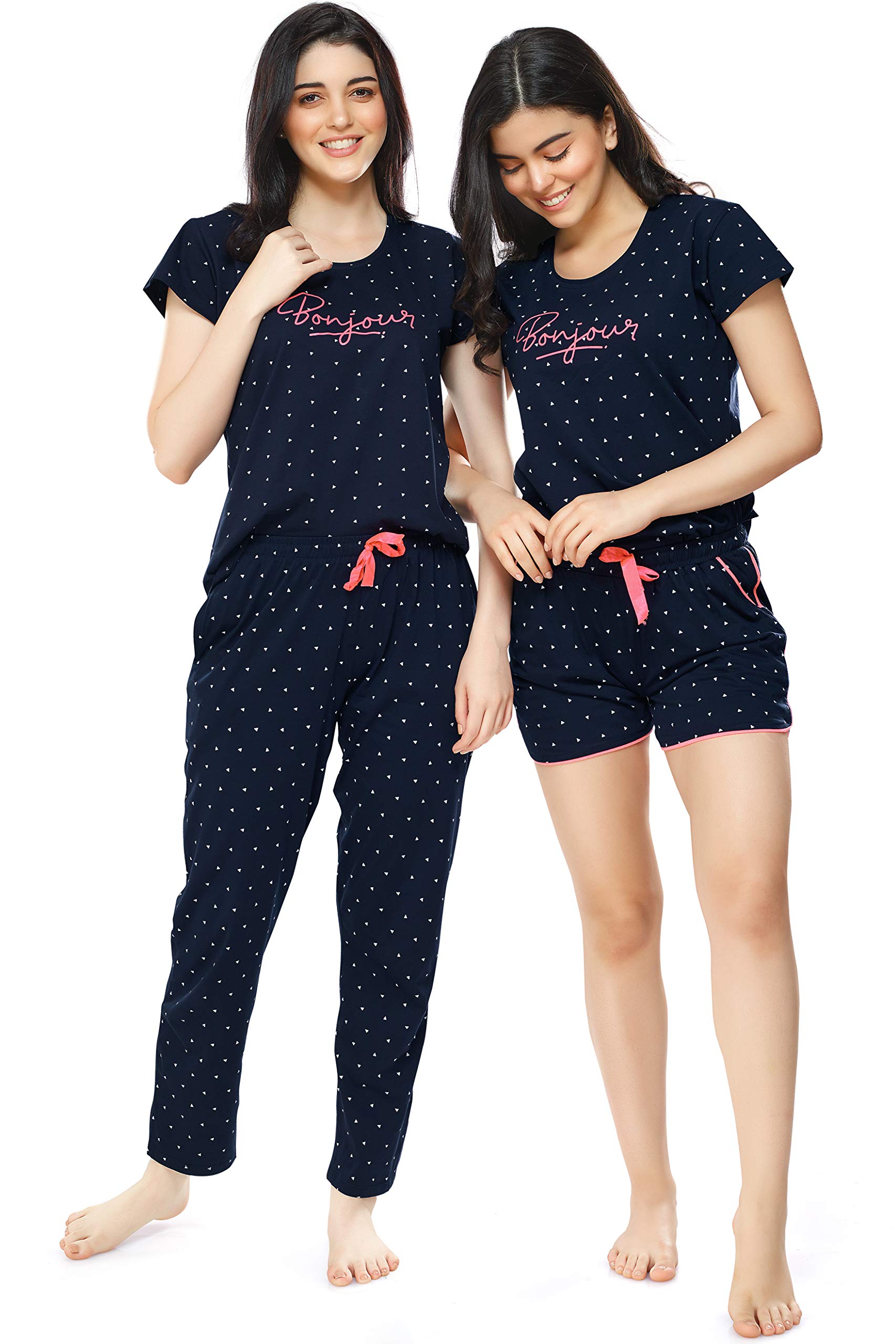 ZEYOWomen's Cotton 3PC'S (Top+Pyjama+Shorts) Triangle Printed Navy Blue Night Suit 5360
