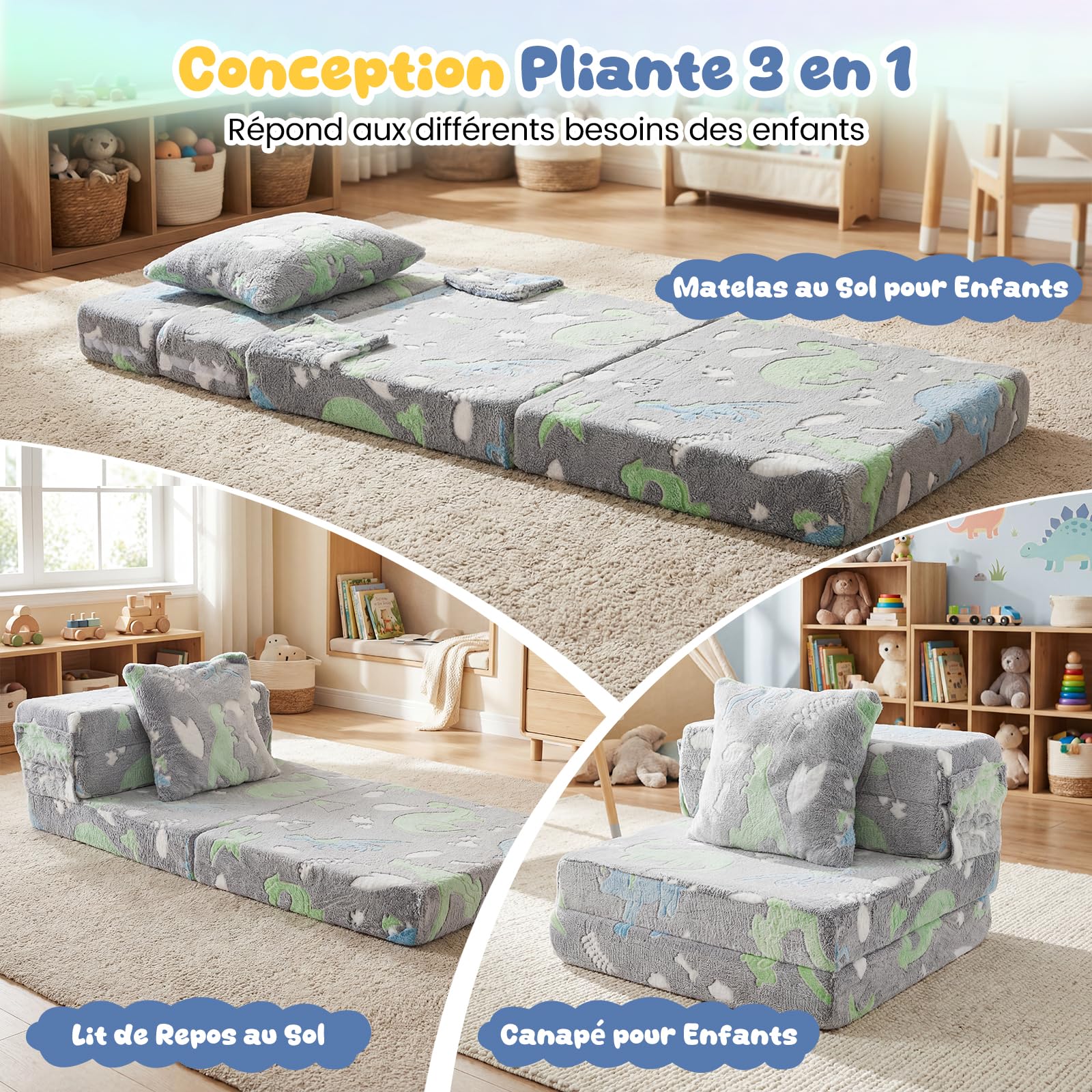 COSTWAY Canapé-lit Enfant Brillant dans Le Noir avec Motif Dinosaure & Oreiller, Matelas de Sol Pliable en Flanelle avec Housse Lavable en Machine, Canapé Modulaire pour Chambre Salle de Jeux (Gris)