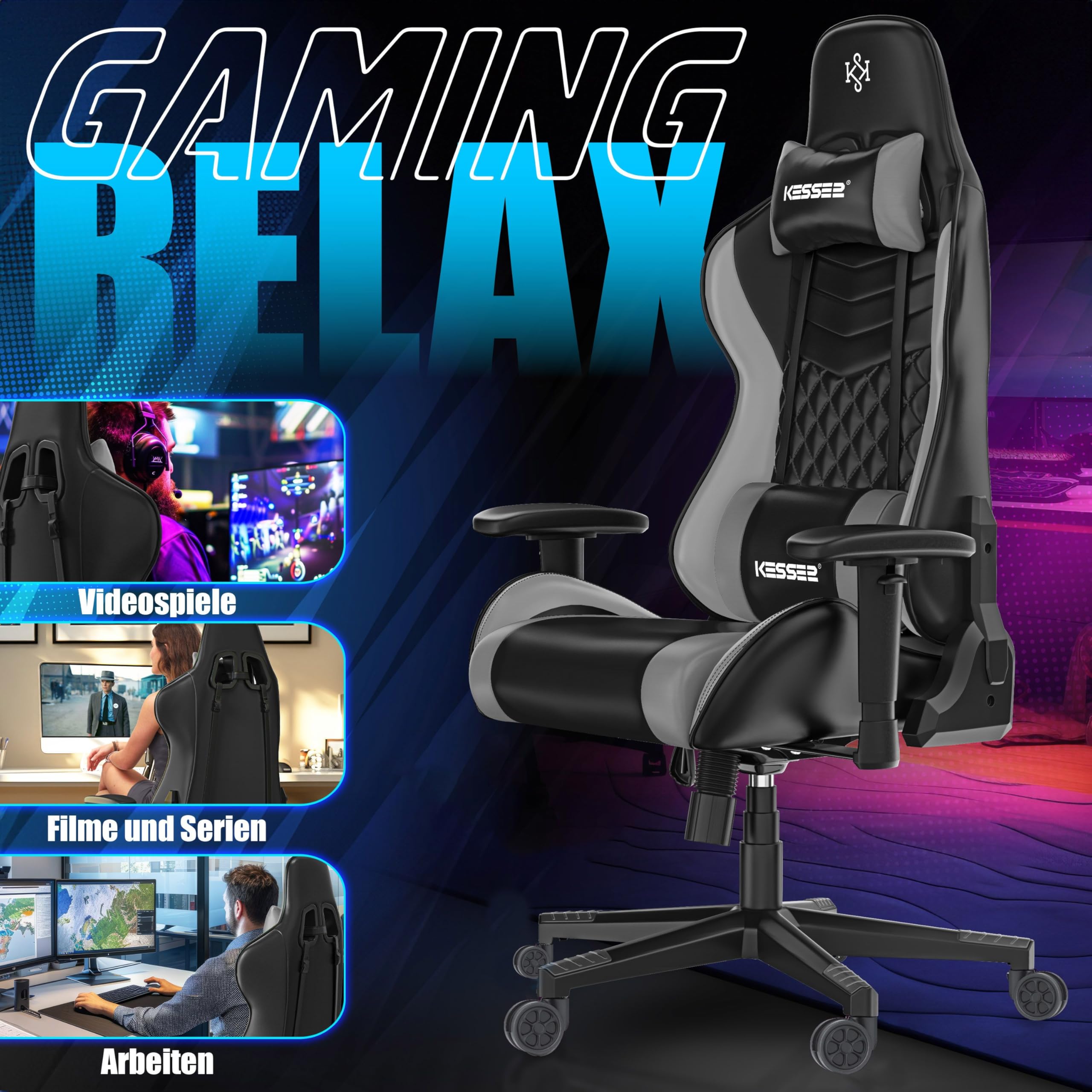 KESSER Silla de gaming ergonómica con reposacabezas y cojín lumbar, soporta hasta 150 kg, reposabrazos 360°, giratoria, con ruedas de goma