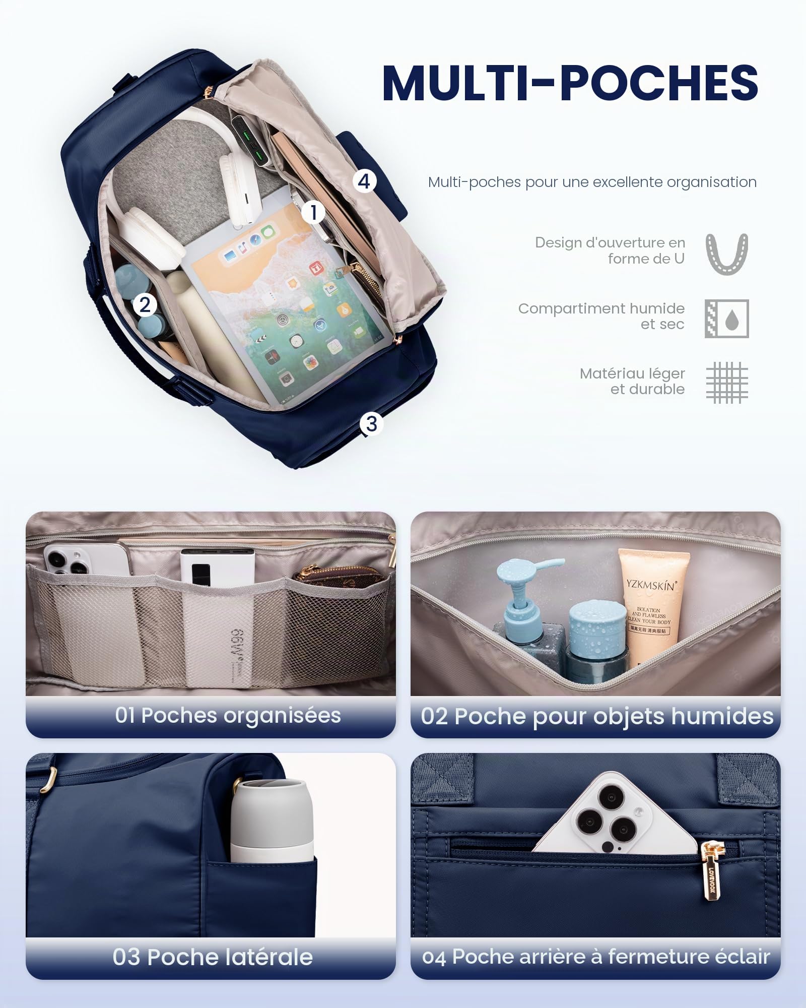 LOVEVOOK sac de sport pour femme - Grand sac de voyage avec trousse de toilette et compartiments à chaussures et humide - Imperméable