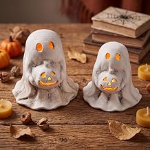 Tioncy 2 Pcs Halloween Terracotta Ghost Tealight Holder Decor, White, Retro