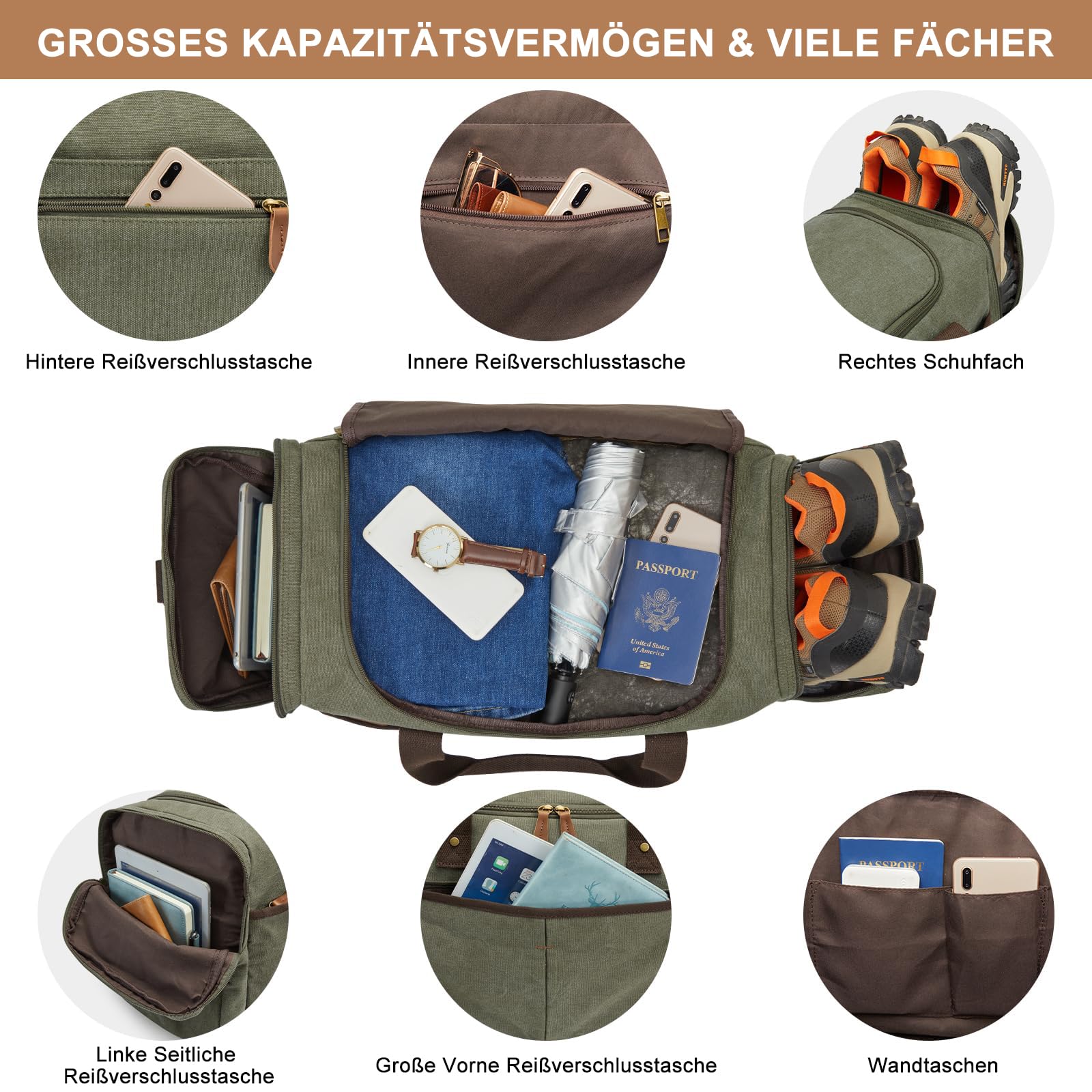 S-ZONE Reisetasche Unisex Canvas 65L Große Sporttasche Weekender Tasche Handgepäck