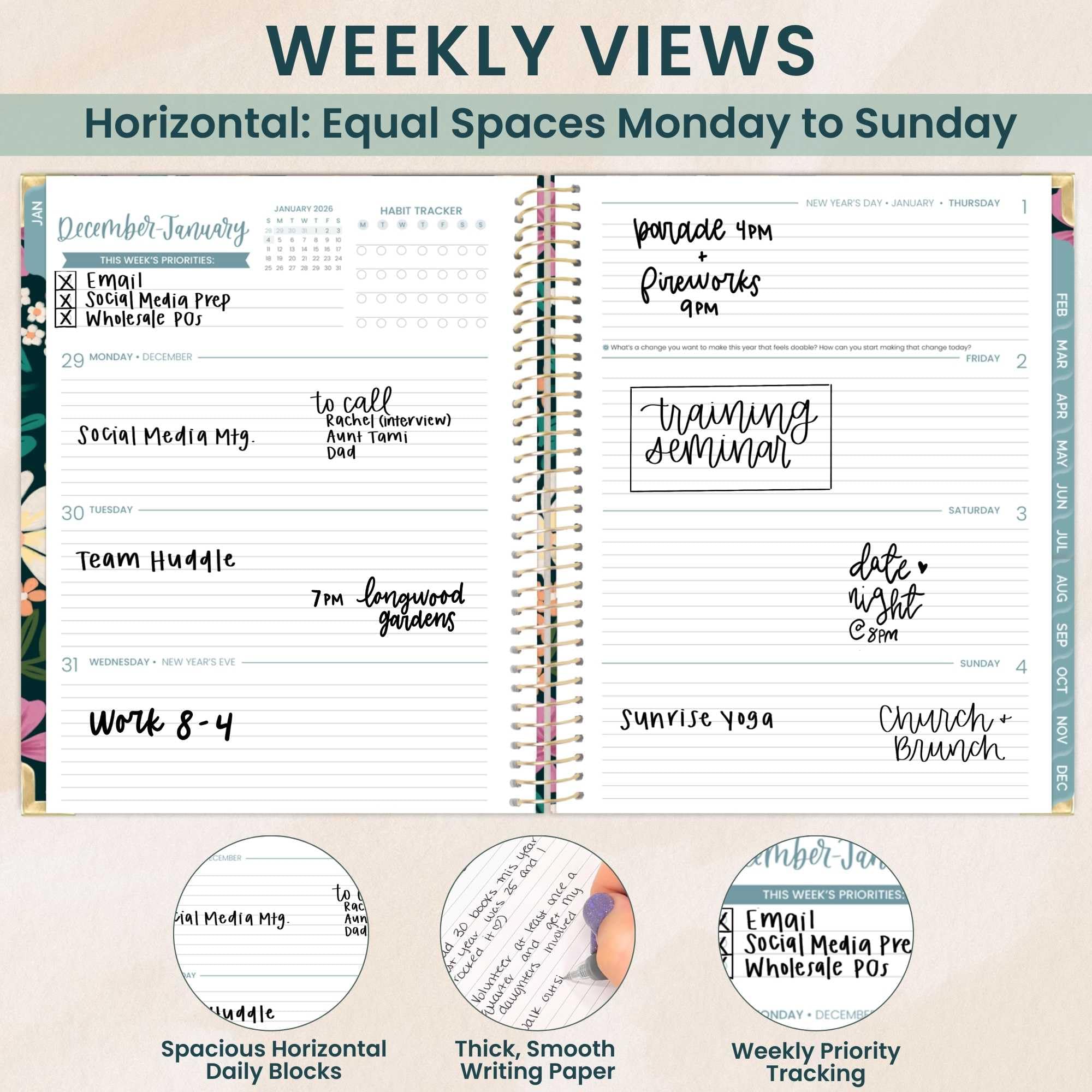 bloom daily planners HARDCOVER Planer 2026 (od stycznia do grudnia) - 21,5 cm x 28 cm tygodniowy i miesięczny organizer z naklejkami i zakładkami - kwitnąca dziko
