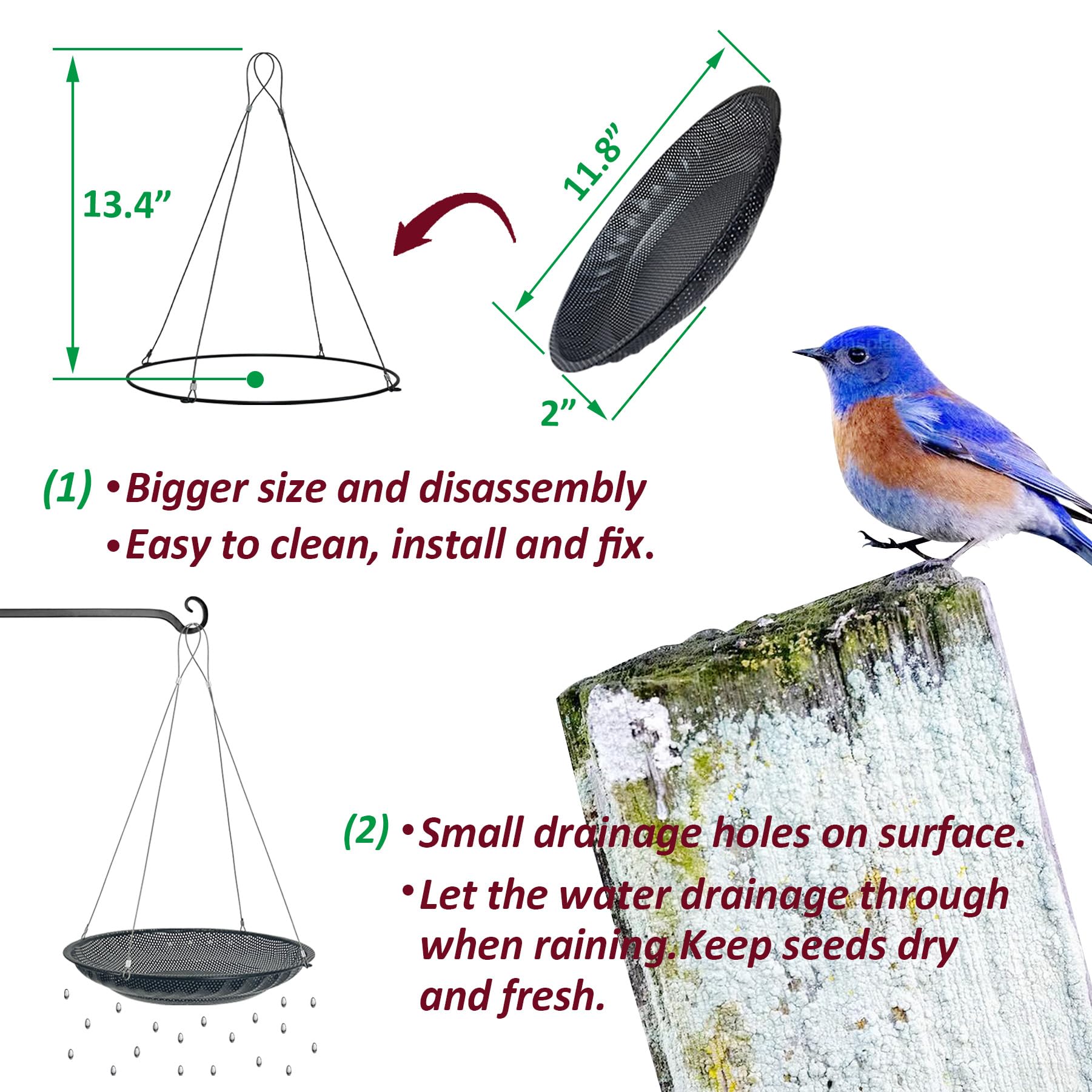 CQAIRIOU Verbesserte Vogelfutterstation zum Aufhängen, 30 cm, Edelstahl, große Plattform, Metallgitter, Samenschale für Hinterhof, Garten, Anlockung von Wildvögeln
