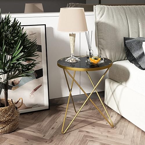 Miniatura 8 de HLR Mesa auxiliar redonda moderna, mesa auxiliar con parte superior de efecto mármol y marco de metal dorado, mesa auxiliar pequeña para sala de