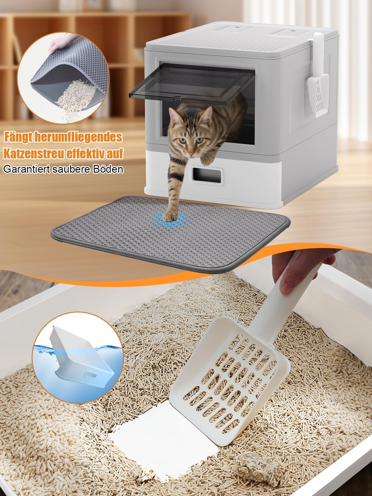 Caja de arena a prueba de fugas con tapa y 2 filtros de carbón activo contra olores | Arenero para gatos cerrado con cajón, incluye alfombrilla y pala, espaciosa