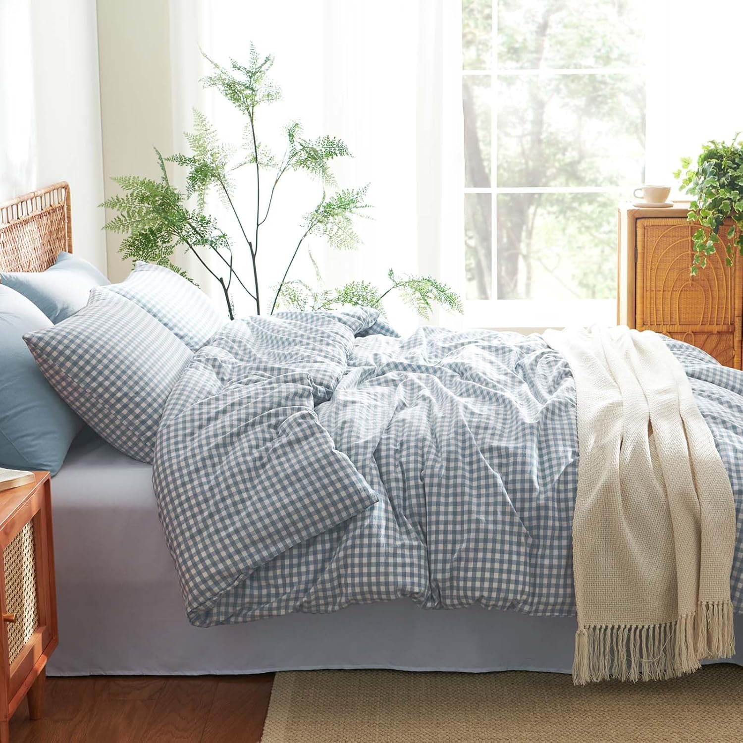 Nayoroom Gingham Duvet Cover Queen Size 100% Washed Cotton Blue Plaid Checkered Comforter Cover 3 Pcs Soft Breathable Grid Farmhouse Dorm Bedding Set for All Seasons - Image 2