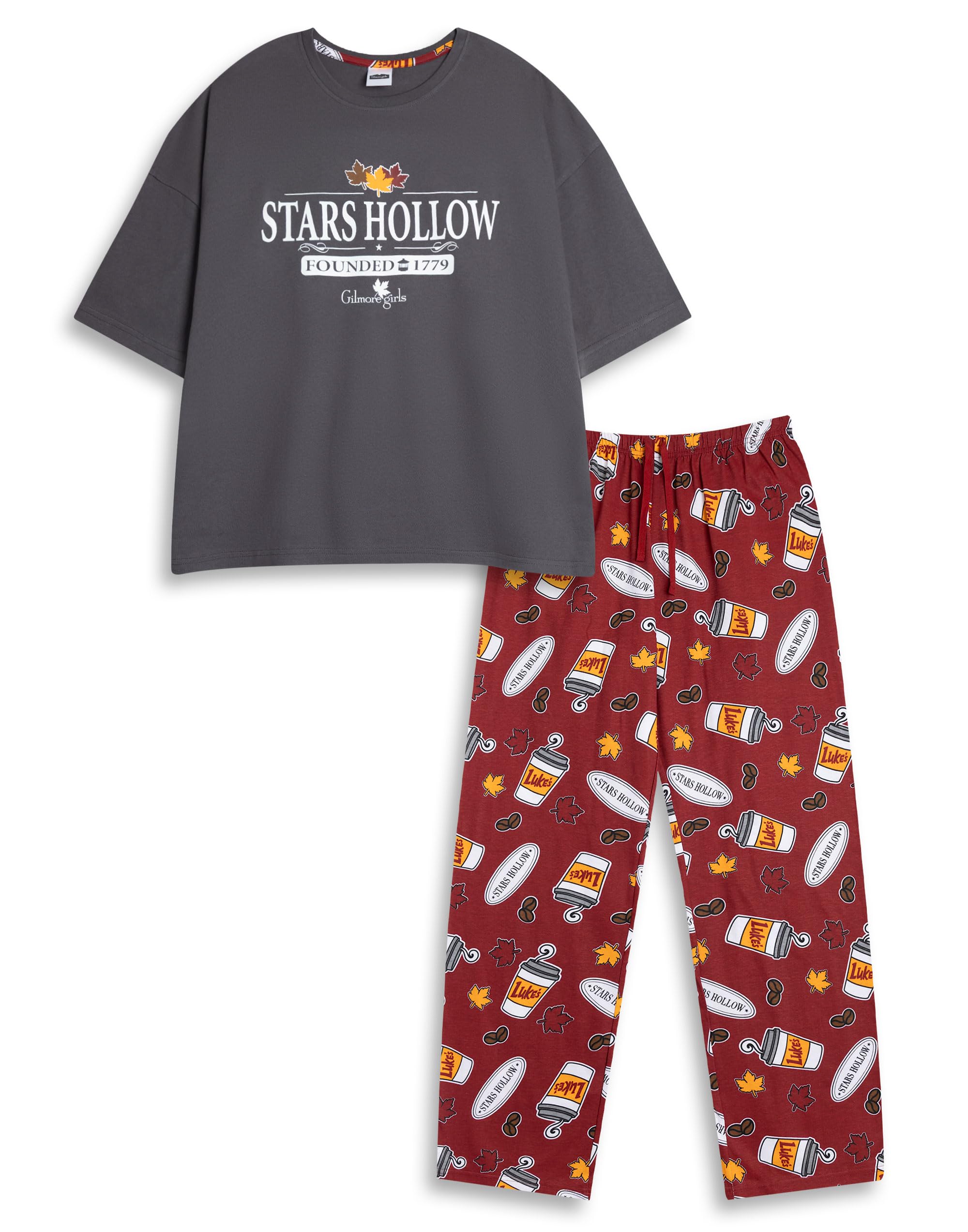 Gilmore Girls Stars Hollow Women's Grey Short Sleeve Long Leg Pyjama Set | Solid Sleepwear with Crew Neck | Comfortable Loungewear for TV Show Fans Merch - X-Small