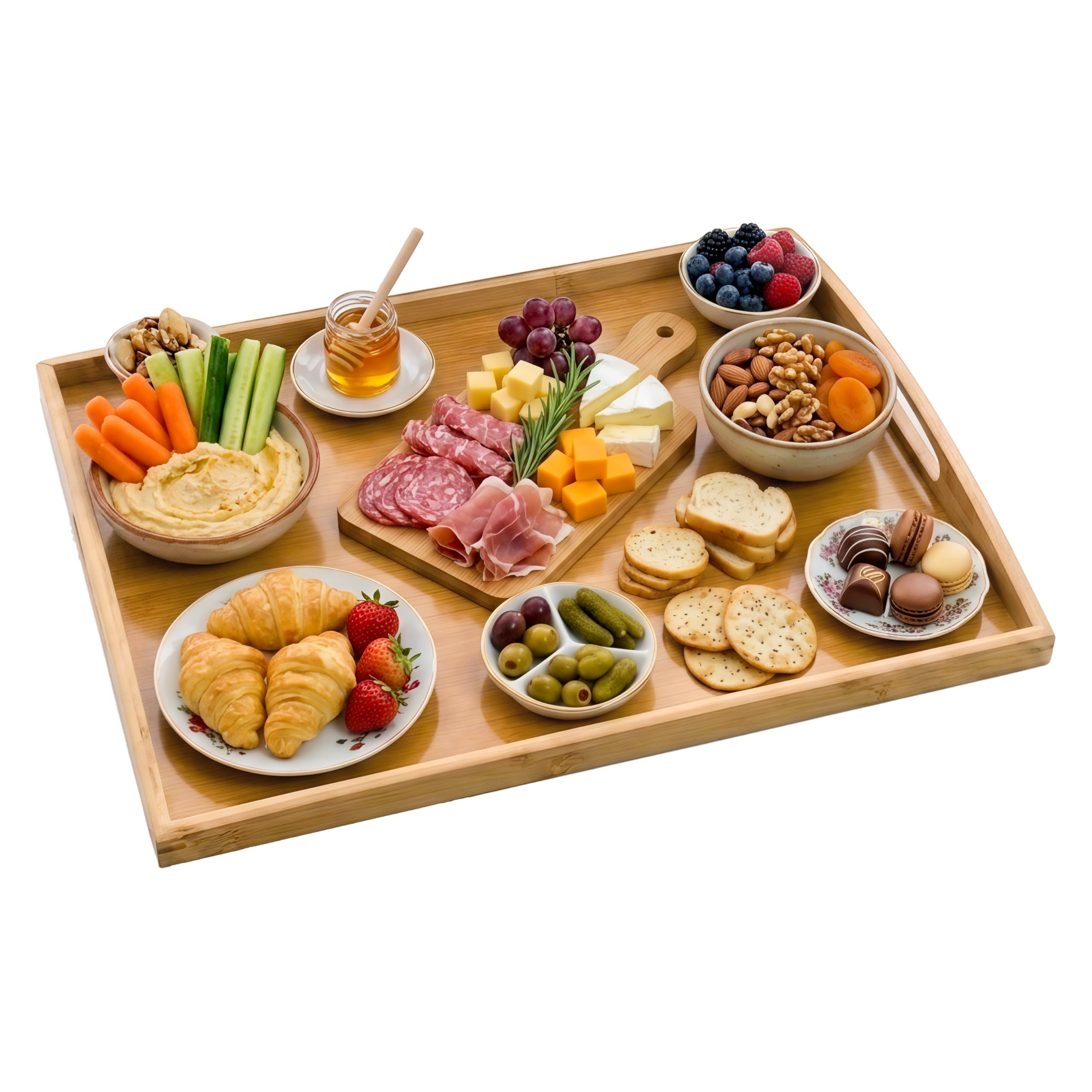 Extra Large Bamboo Wooden Serving Tray with Handles, Wooden Serving Platter for Breakfast in Bed, Dinner Trays for food serving, Restaurant Use & Gift - Rectangular Wooden Tray Large (50 × 40 CM)