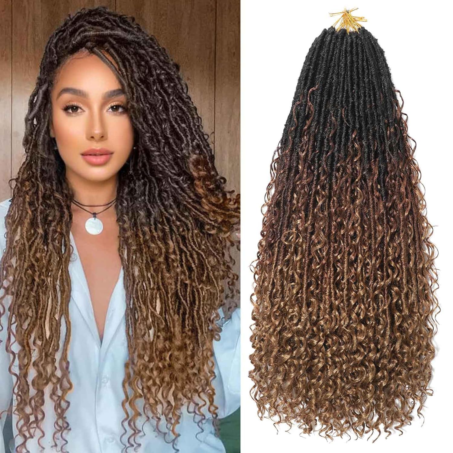 24 Inch Boho Soft Locs Crochet Hair 8 Packs Boho Faux Locs Crochet Hair Pre-looped Goddess Locs Hair with Curly Ends Bohemian River Locs for Black Women（1B/30/27#)