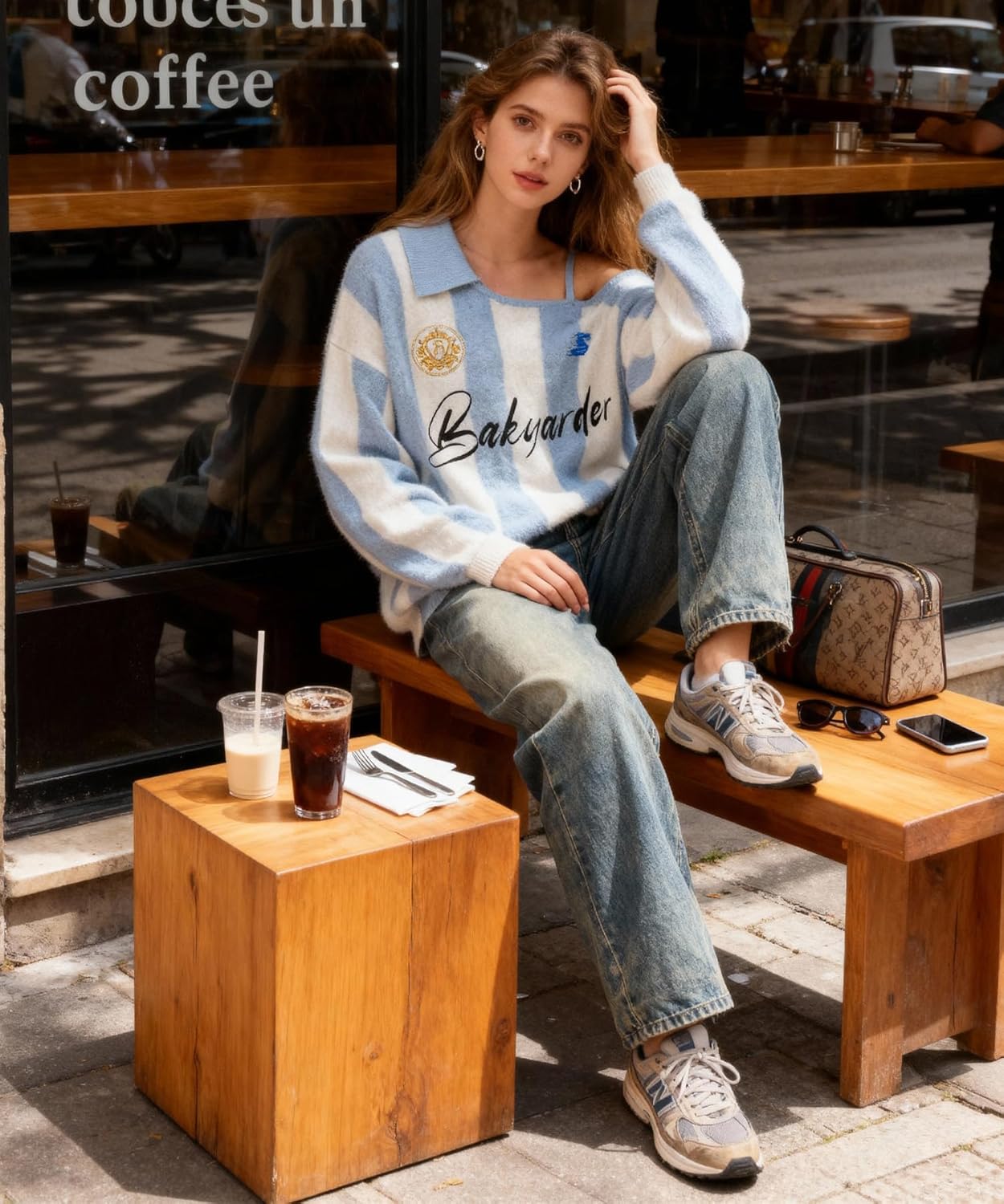 Bakyarder Women’s Off-Shoulder Stripe Knit Sweater Vintage Polo Jersey Style Loose Fit Fuzzy Pullover Y2K Streetwear - Image 3