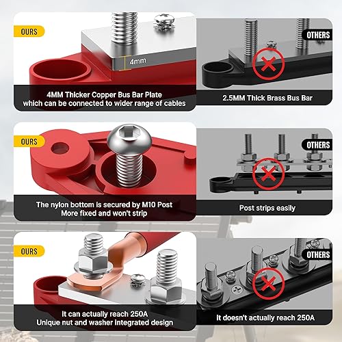 Miniatura 4 de Joinfworld Barra de autobús 12V 250A Bloque de distribución de energía 4 x 38 "Studs Barra de autobús marina Bloque de terminales de barra colectora