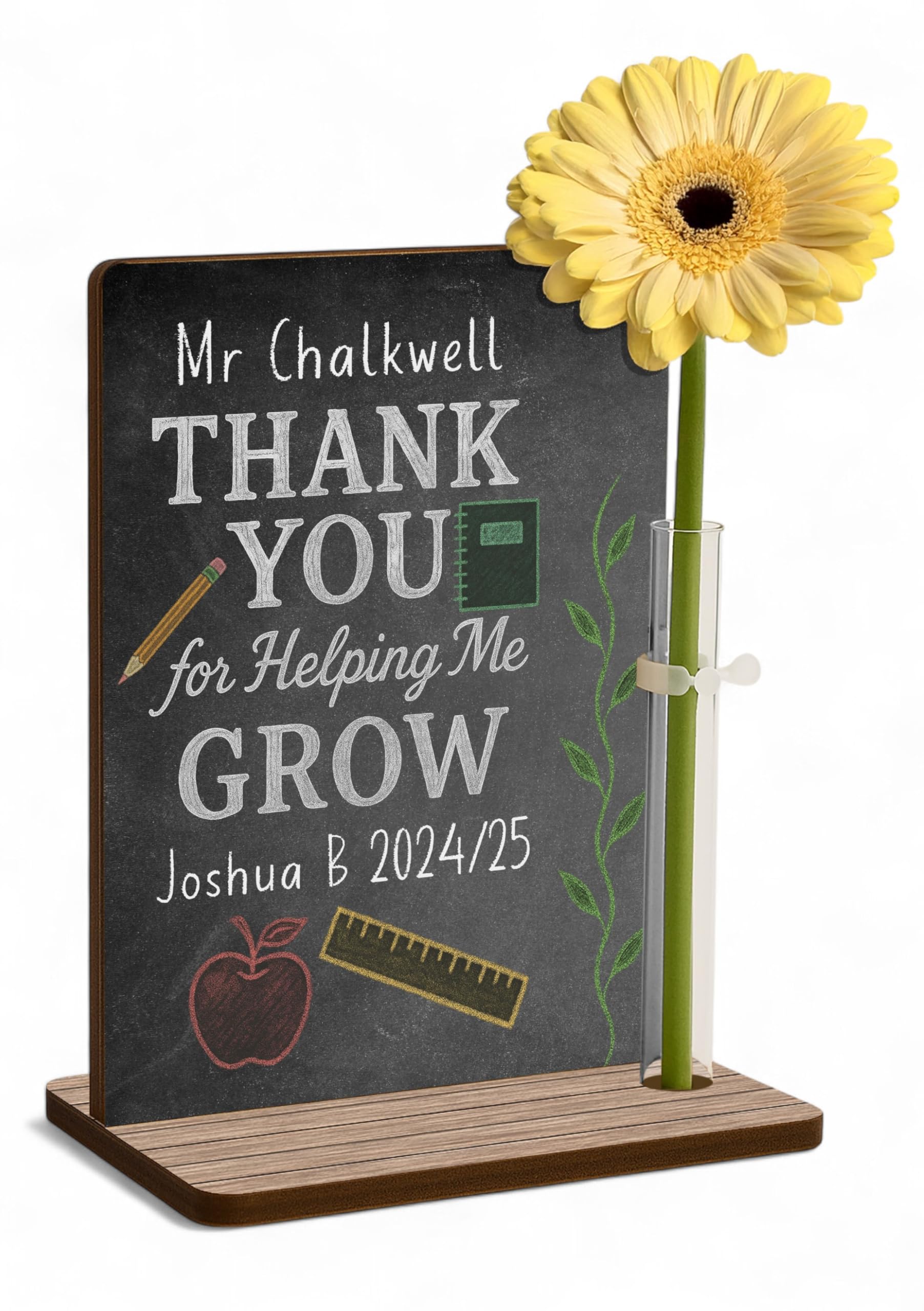 The Plum Penguin Chalk & Cheer Personalised Teacher Thank You Gift Freestanding Wooden Plaque Optional Flower Thank You For Helping Me Grow Custom Names End Of Term Gift Ta Nursery Childminder Tutor (Chalk & Cheer)