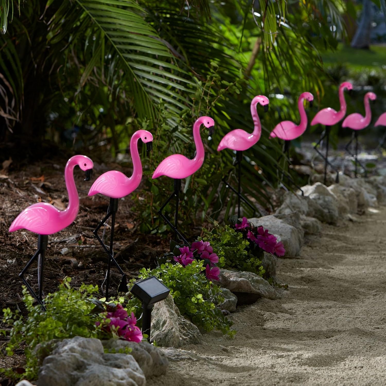 BrylaneHome Flamingo Outdoor Solar Stake Lights, Set of 10, Multi Pink- for Garden, Lawn, Patio, Pond, Backyard Decor - Multi