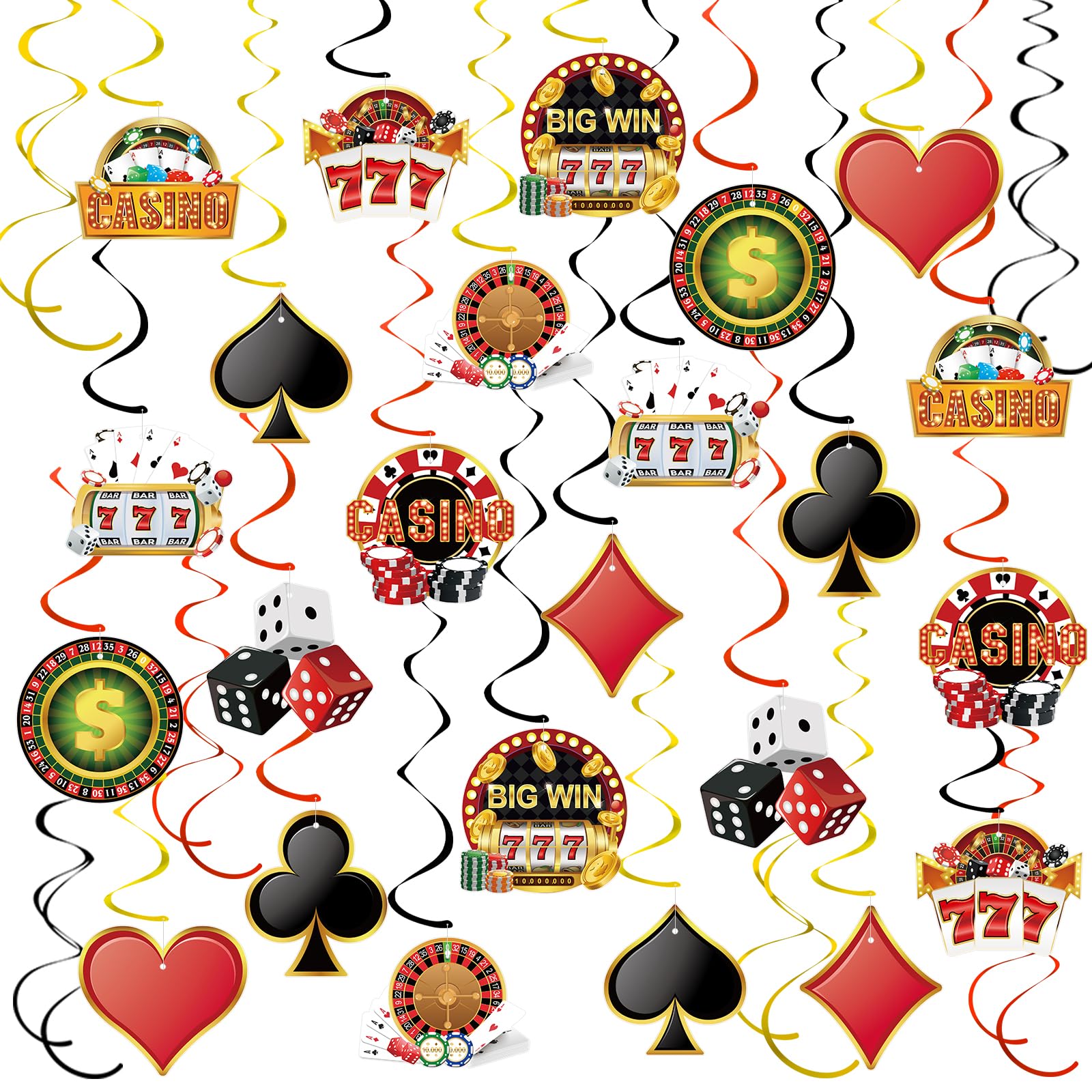 54Pcs Casino Theme Party Decorations Las Vegas Hanging Swirl Decorations Poker Dice Cutouts Ceiling Streamers for Red and Black Casino Poker Night Las Vegas Birthday Party Decorations Supplies