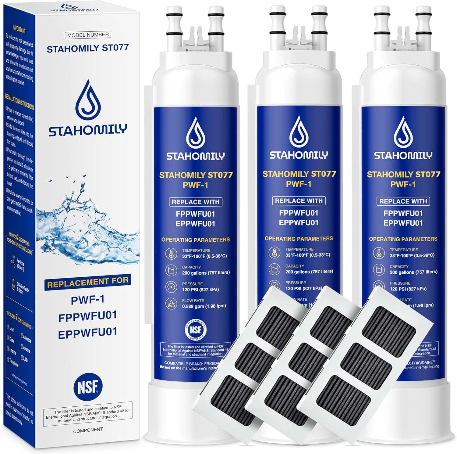 FPPWFU01 PWF-1 Water Filter Replacement for Frigidaire, PurePour FPPWFU01, PWF-1 and PureAir Ultra II PAULTRA2 Air Filter Combo（3+3）