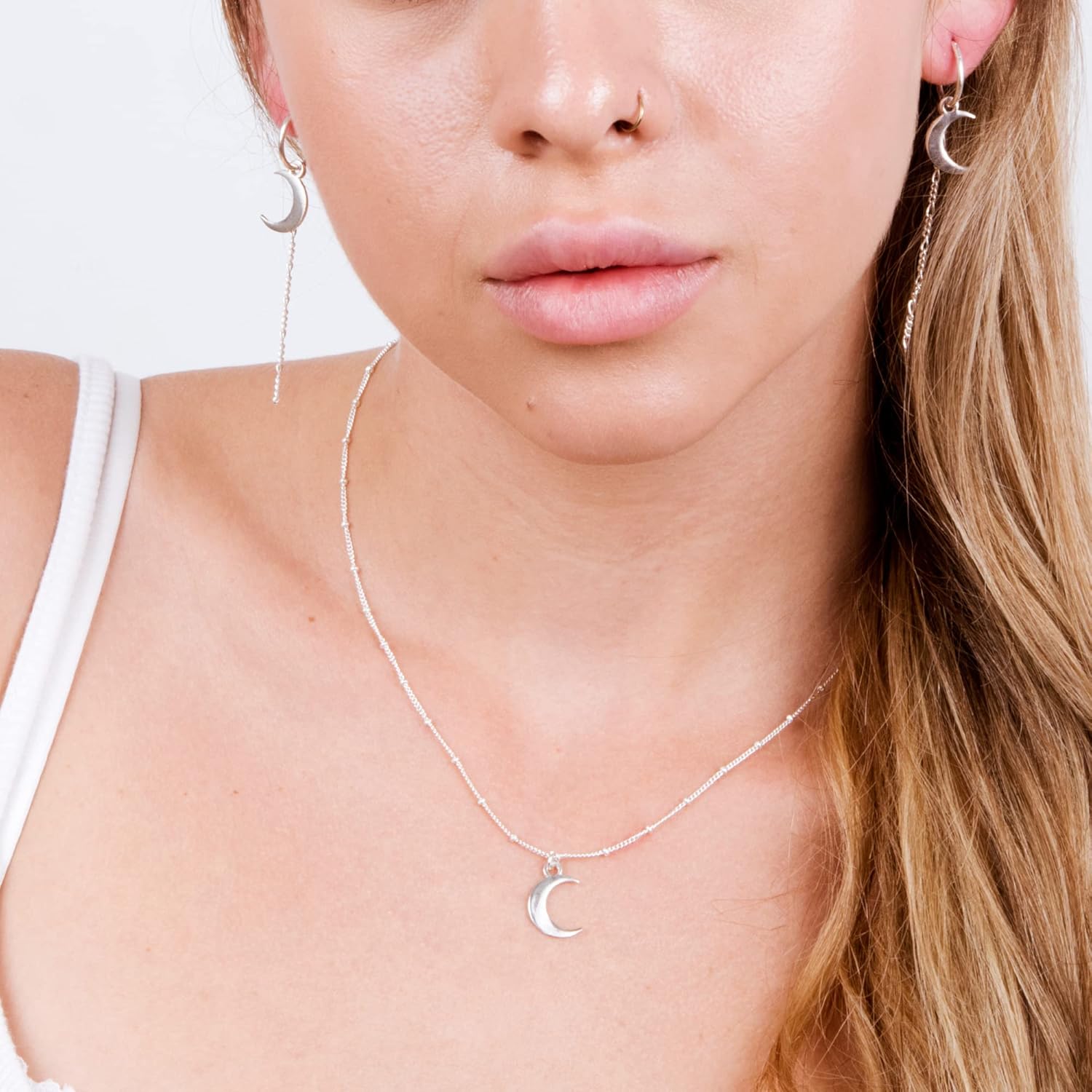 Sterling Silver Moon Necklace for Women - Crescent Pendnat on a Minimal Satellite Chain - Length 16" + 2" Extender (sterling silver) - Image 6