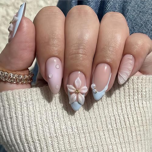 Summer Flower Press on Nails Almond Medium Fake Nails with Flowers French Tip Stick on Nail Full Cover Almond Nails Design 3D Rhinestones Pattern Glitter Acrylic For Women Nail Art DIY 24 Pcs
