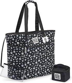 Mobile Dog Gear, Dogssentials Dog Tote Large Travel Bag, Includes Lined Food Carrier and Clear Wristlet Pouch, Meets Airline Requirements, 19 Inches x 17 Inches, Black/White Paw Bone Print
