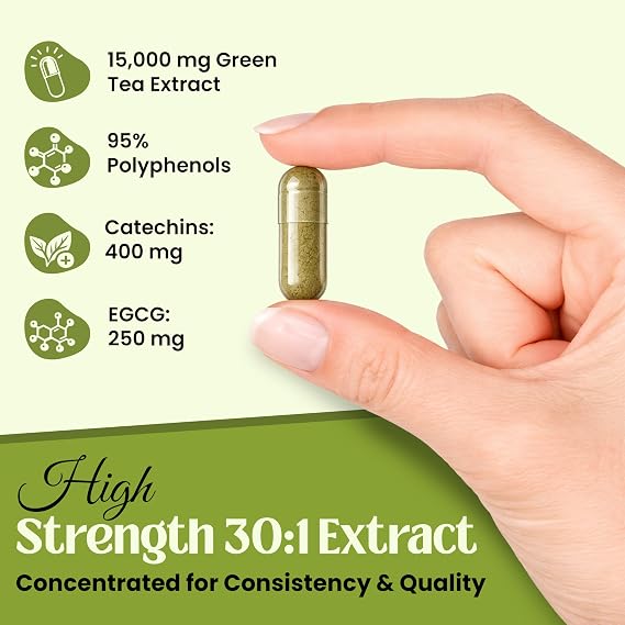 Green Tea Extract 15,000mg - 95% Polyphenols (490mg per Capsule) - 60 Vegan Capsules 2 Month Supply - letterbox Friendly Pouch